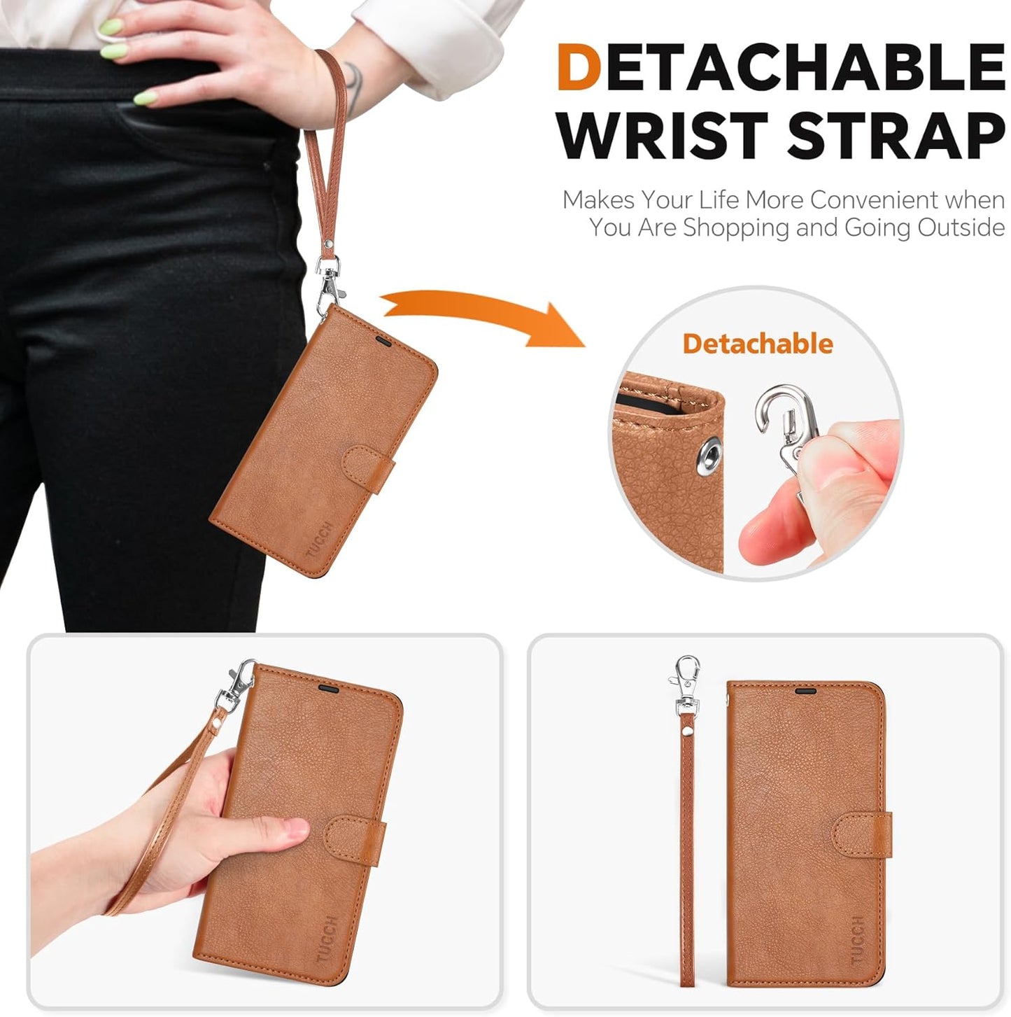 TUCCH Wallet Case for Galaxy S25, Removable 2 in 1 RFID Blocking [4 Card Slots] Wrist Strap [Wireless Charging] Kickstand PU Leather Magnetic Detachable Protective Folio Cover for Galaxy S25, Brown