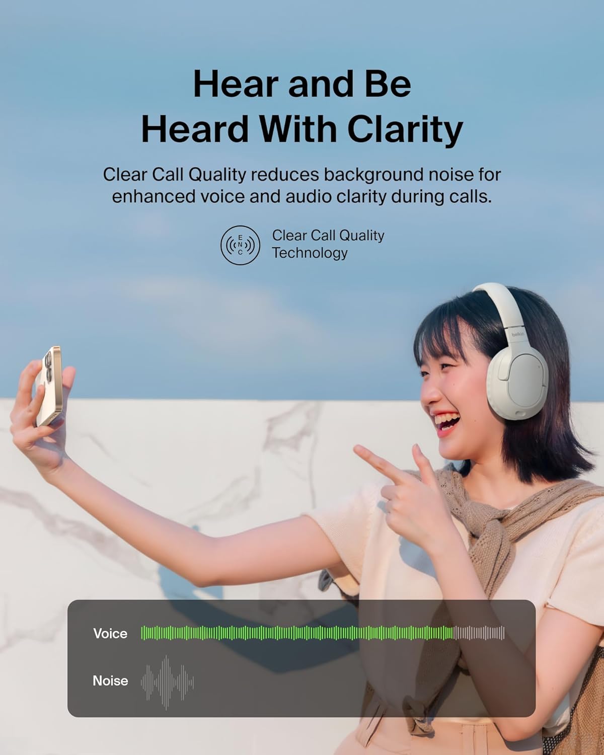 Belkin SoundForm Surround Bluetooth Over-Ear Headphones - Environmental Noise Cancelling Headphones - Wireless w/ 60H Playtime & Soft Ear Cups for iPhone, Galaxy, iPad, Travel, Home, or Office - Sand