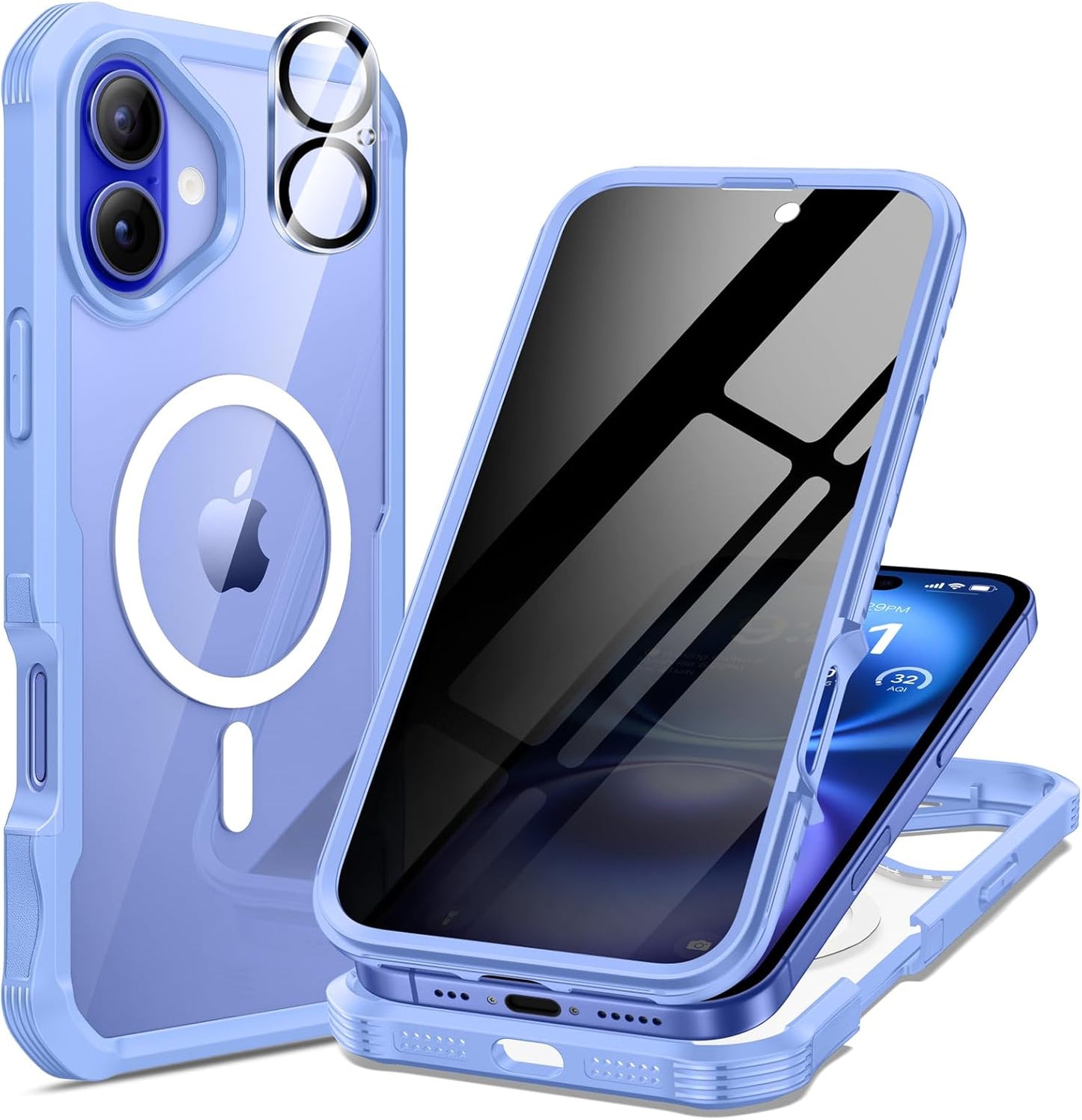 seacosmo for iPhone 16 Case, Full Body Bumper with Built-in 9H Tempered Glass Privacy Screen Protector and Camera Lens Protector, Compatible with MagSafe, Shockproof 16 Phone Case, 6.1", Light Blue
