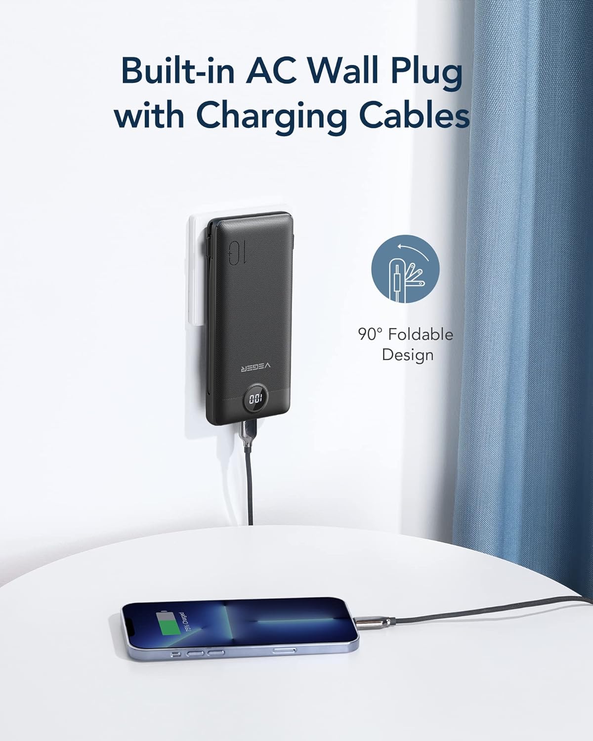 VEGER Portable Charger for iPhone Built in Cables and Wall Plug, 10000mah Slim Fast Charging USB C Power Bank, Travel Essential Battery Pack Compatible with iPhones, iPad, Samsung More Devices(Black)