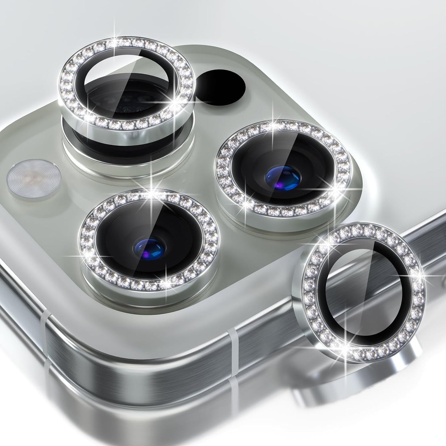 Choiche Compatible for iPhone 16 Pro/iPhone 16 Pro Max Camera Lens Protector Bling, 9H Tempered Glass Camera Cover Screen Protector Metal Ring Decoration Accessories (Diamond-Silver)