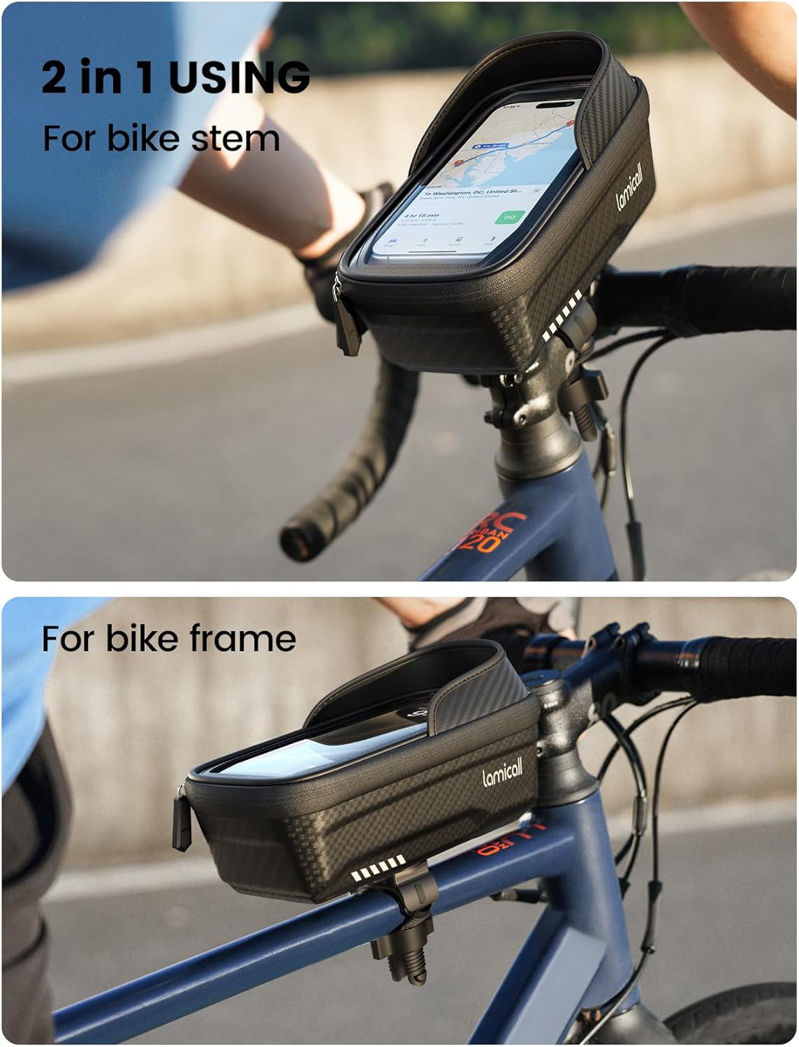 Lamicall 2 Pack Bike Frame Bag Waterproof - [1s Release] [2 in 1] Bike Phone Bag, Bike Phone Holder Mount, Bicycle Top Tube Bag, Cycling Pouch with Rain Cover, Bike Accessories for Phones Under 7""