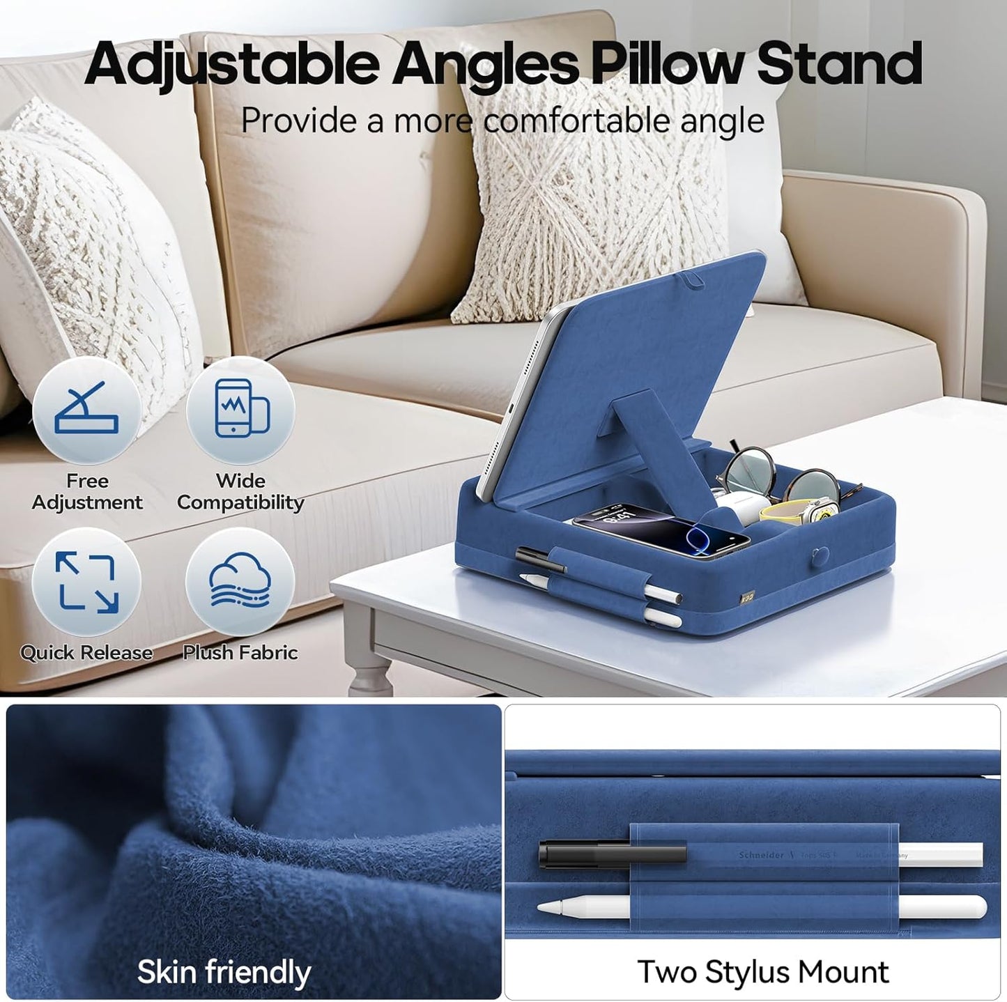 KDD Tablet Pillow Stand with Storage, Foldable iPad Holder for Lap, Desk and Bed, Angle Adjustable Soft Pad Dock with Stylus Mount Compatible with iPad Pro, Air, mini, Book, Phone and Tablet (4-13")