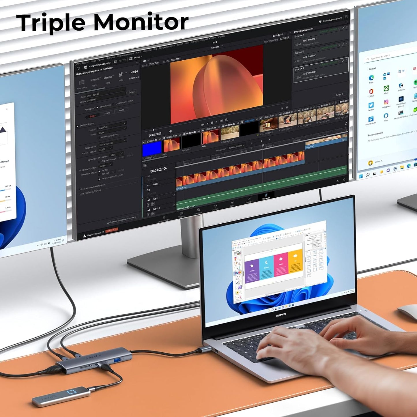 USB C to USBC Hub Dual/Triple Monitor, USBC Splitter 4K@30-60Hz with HDMI, 6 * 10Gbps, 100W PD, SD4.0, Full-Function Type C Port, Docking Station for Windows, Chromos Laptops, with USBC Video Cable