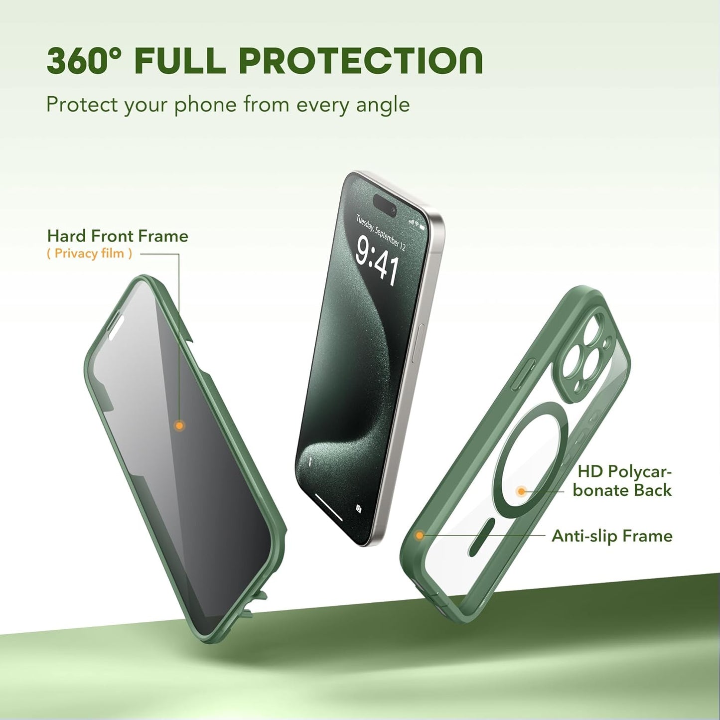 Magnetic for iPhone 15 Pro Case, Compatible with MagSafe, Built-in Privacy Screen Protector and Camera Protection, Anti Spy Full Body Dustproof Shockproof Hard Phone Case 6.1", Pine Green