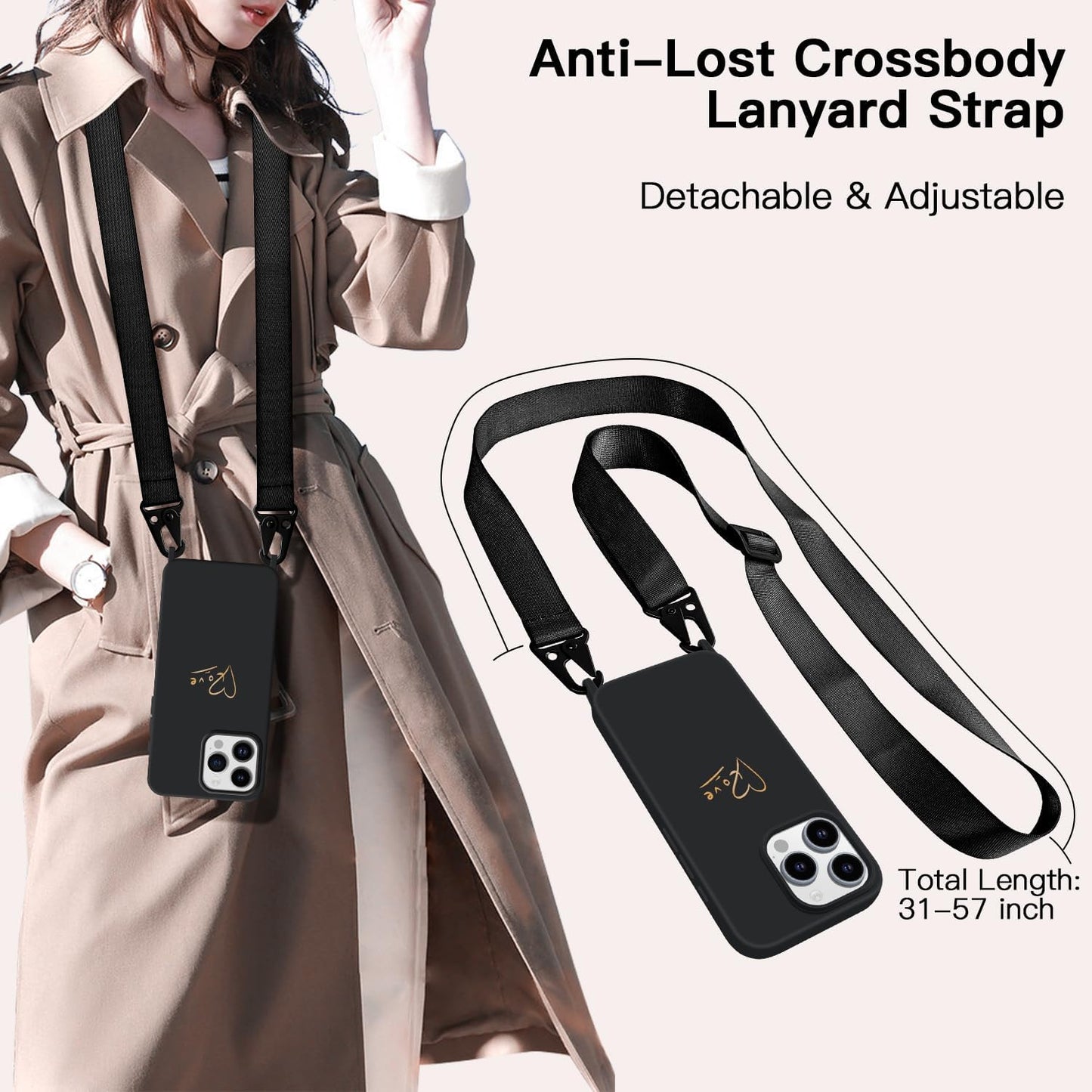 Crossbody Case for iPhone 16 Pro Max with Strap, [Compatible with MagSafe], Cute Love Heart Silicone Phone Case with Neck Lanyard for Girls Women