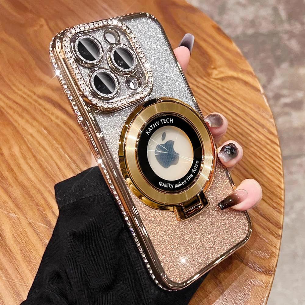 Magnetic Kickstand (Glitter Lens Protector ) Case for iPhone 15 14 13 12 Pro Max (Compatible with Magsafe ) Sparkling Diamond Cover Glitter Shiny Rhinestone Cases (Gold,for iPhone 15)