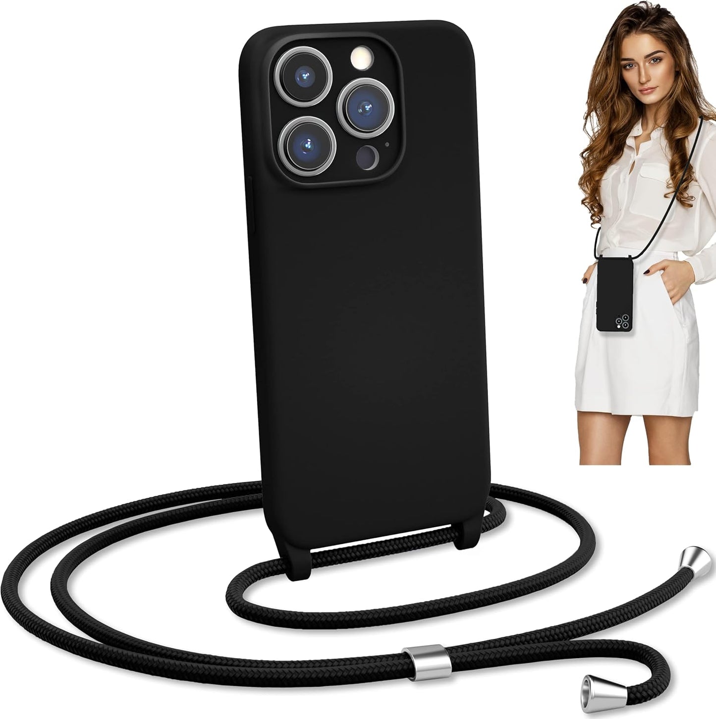 Blaspins Crossbody Lanyard Strap Case for iPhone 14, Neck Cross Body, Adjustable Holder Removable, Drop Protection Shockproof, Hands-Free Silicone Case Cover 6.1 inch, 150 cm Strap, iPhone 14 - Black