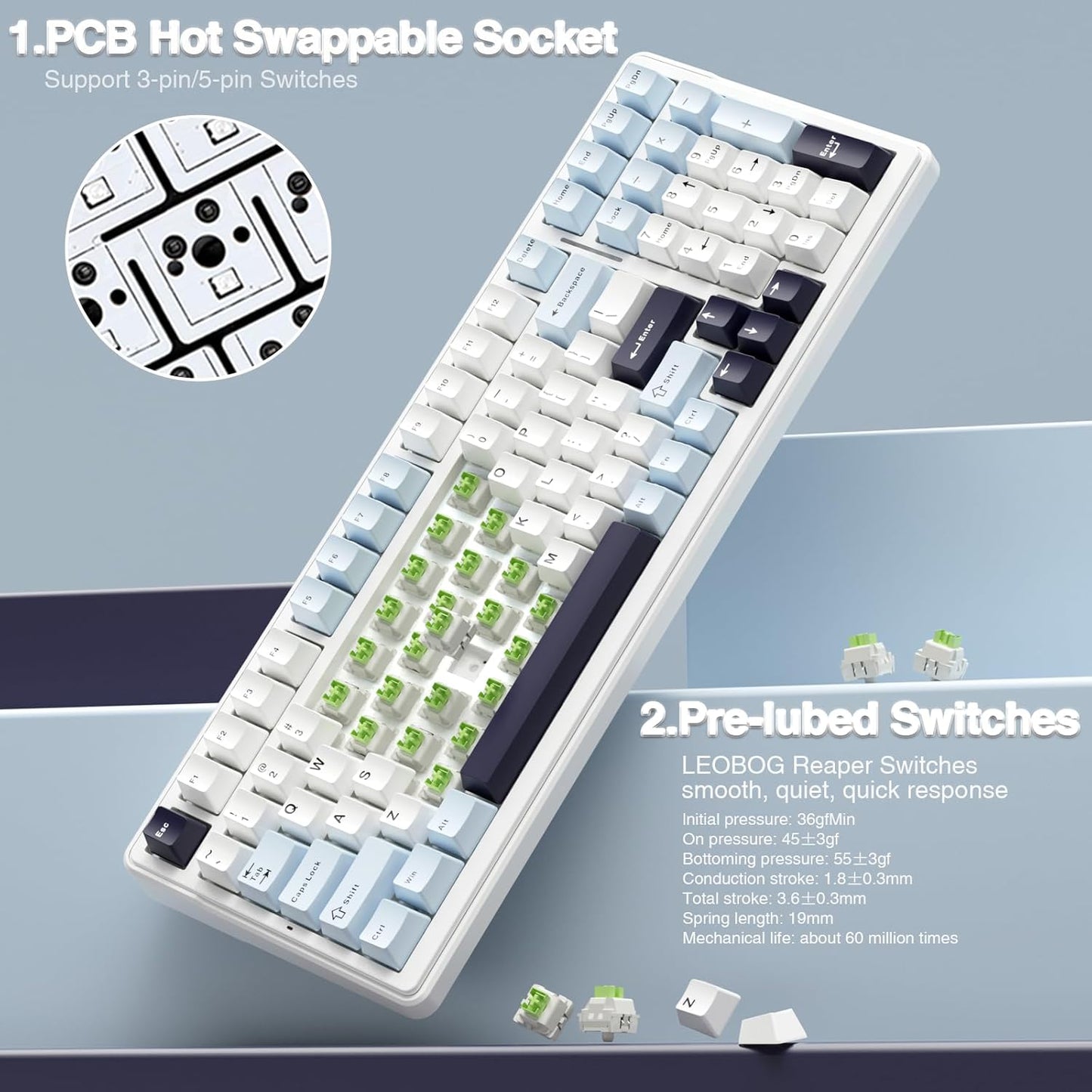 AULA F99 Wireless Mechanical Keyboard, Hot Swappable Custom Keyboard,Pre-lubed Linear Switches,Gasket Structure,RGB Backlit Gaming Keyboard (Blue&White)