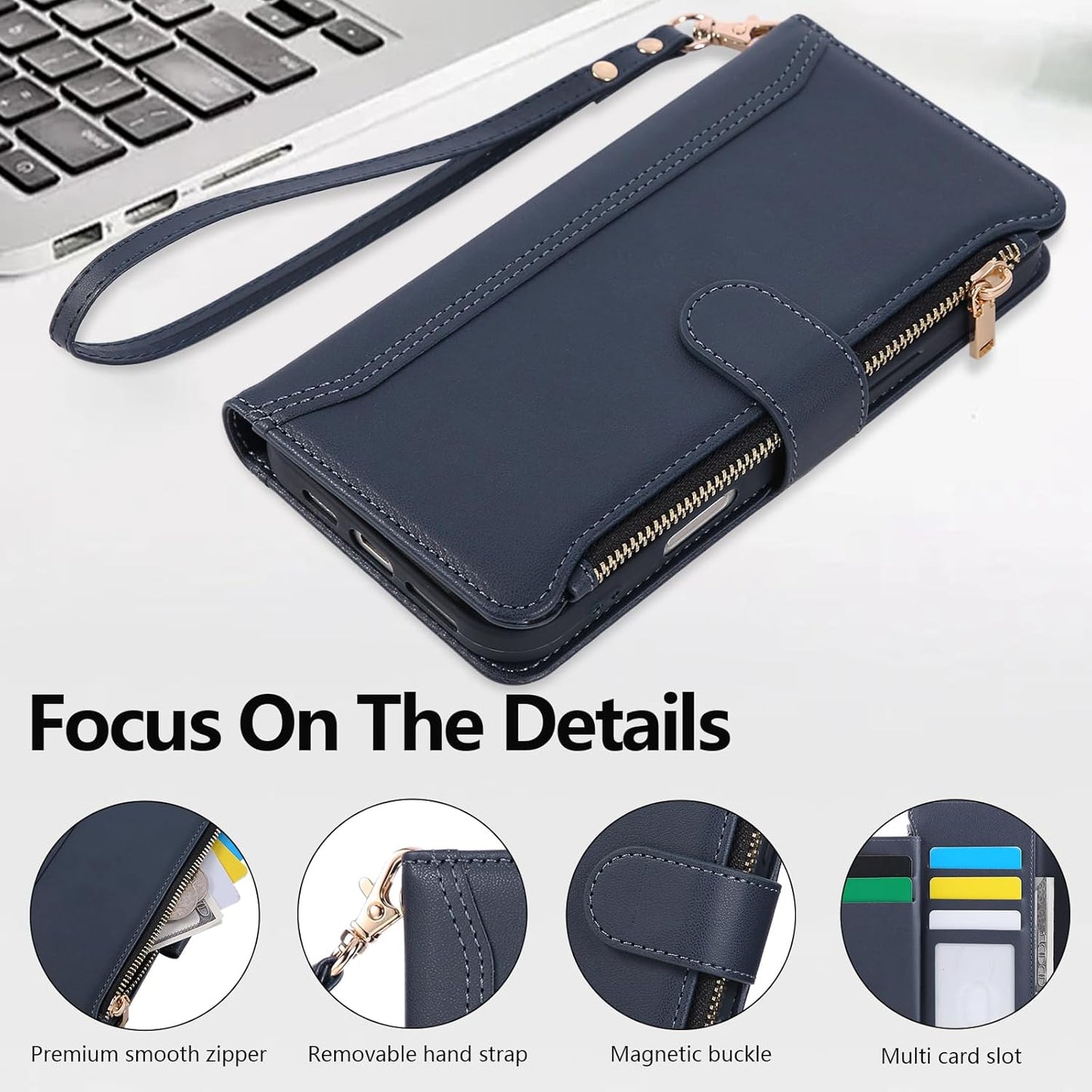 Compatible with iPhone 16 Pro Max Wallet Phone Case-PU Leather Magnetic Flip Cover with Credit Card Slots,Zipper Pocket & Detachable Wrist Strap,Shockproof Design,for Women and Men-Navy Blue