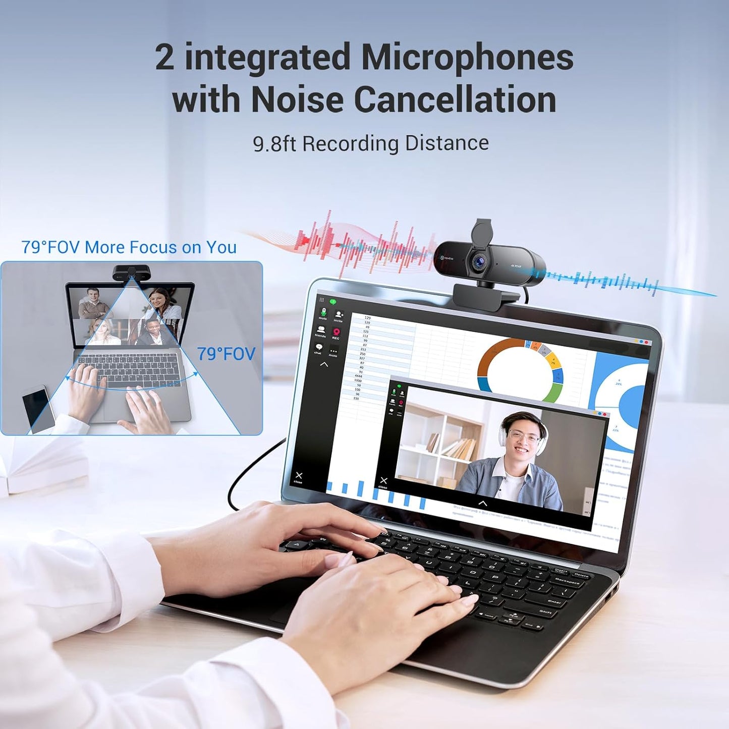 N newline 4K Webcam for PC with Tripod, PDAF Autofocus, 1080P@60FPS, 79° FOV, Low Distortion, 2 Noise Reduction Mics, Privacy Cover, Plug&Play, PC Camera for Skype, Teams, Zoom, NewEye 62 Kit