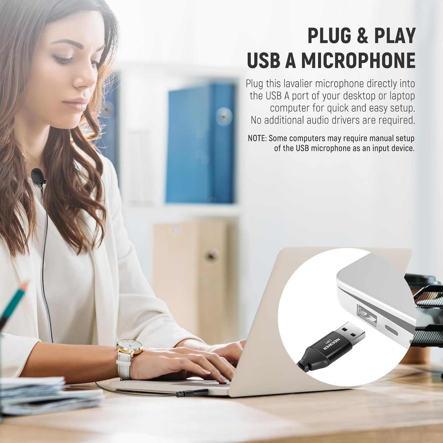 NEEWER USB A Lapel Microphone, Plug & Play Mini Omnidirectional Clip On Lavalier Mic 2m Cable for USB 2.0 Mac Windows PC Laptop Computer YouTube Skype Podcast Gaming Vlog Video Conferencing, LM1