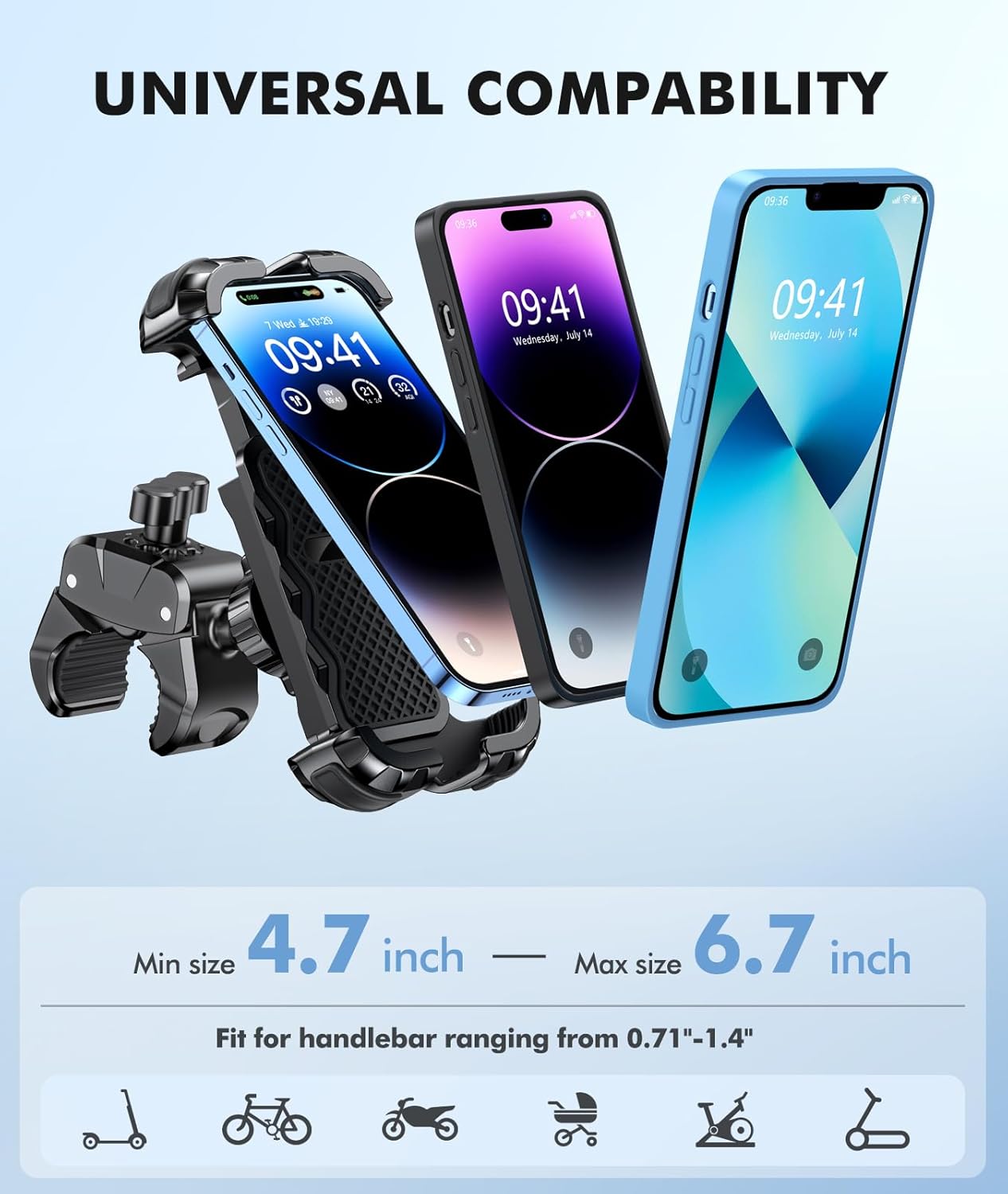 Motorcycle Phone Mount, Upgrade Bike Phone Mount [1s Lock][Secure Protection], 360° Rotatable Phone Holder for Mountain Bike/ATV/Scooter Handlebar Stand, Compatible with iPhone/Samsung 4.7-6.7""