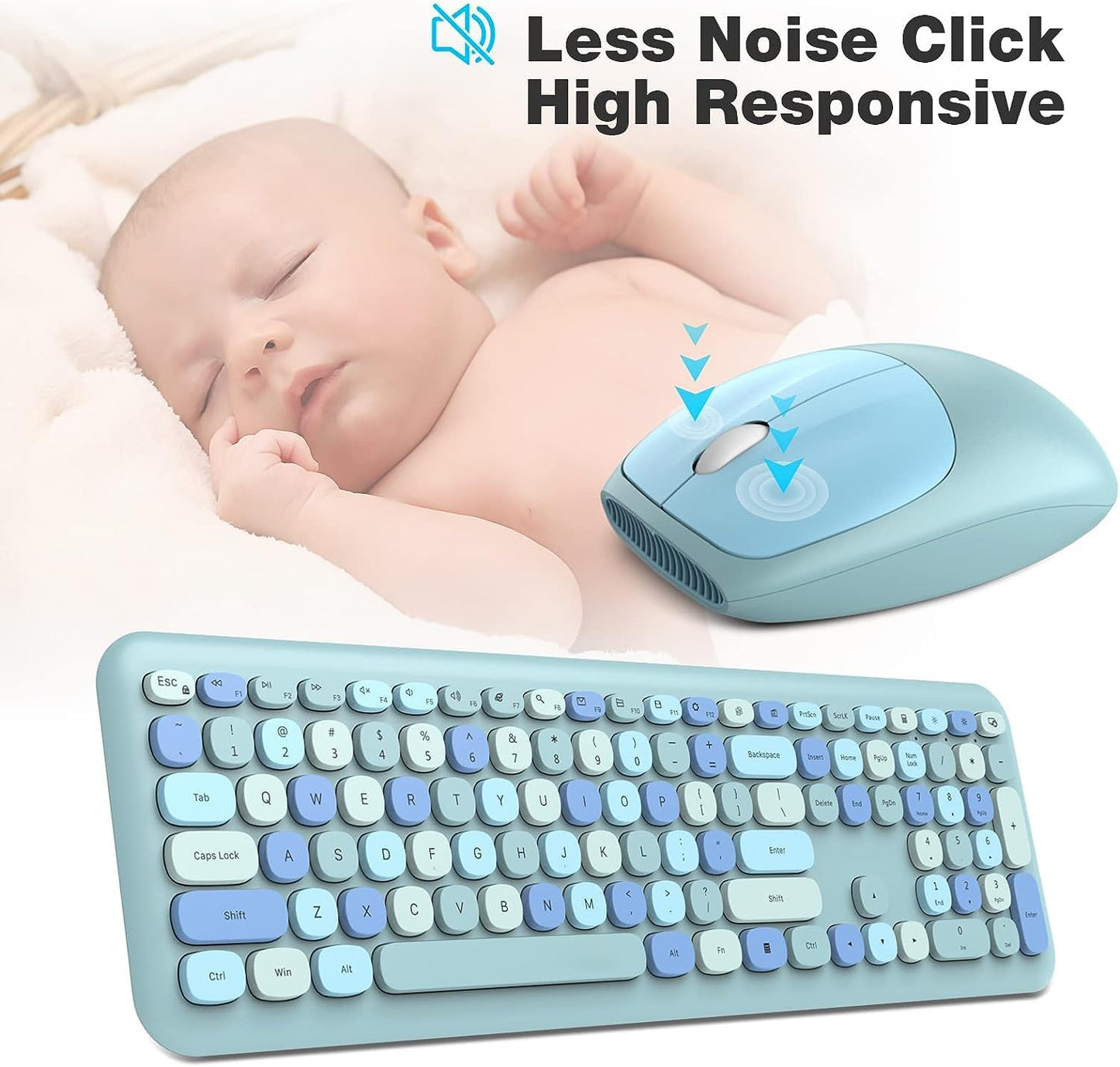 KNOWSQT Wireless Keyboard and Mouse Combo, Pale Blue Full-Sized 2.4G Silent Keycap Colorful Keyboards, USB Dongle Plug Play, for Laptop, Windows, PC, Computer, Desktop