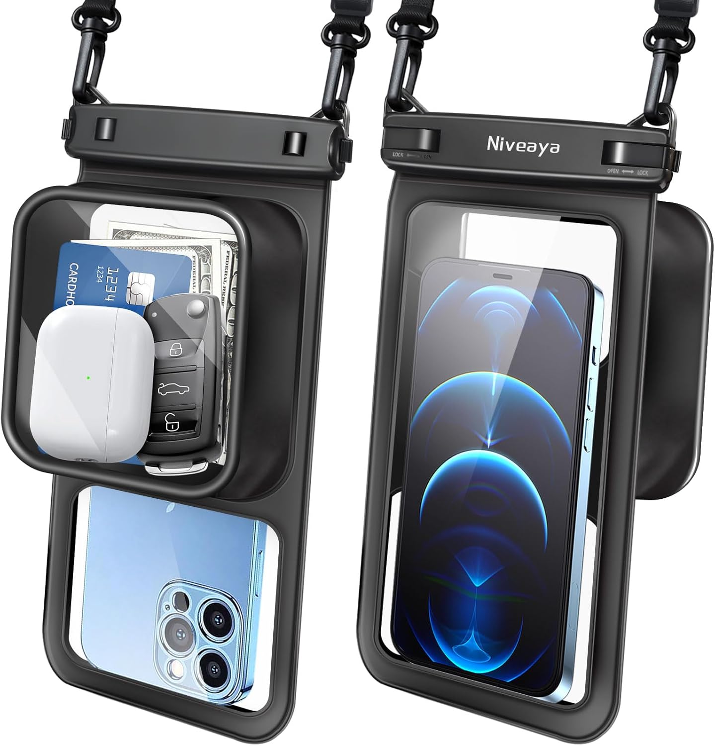 Niveaya [Floatable Floating Waterproof Phone Pouch 2 Pack-Up to 8.5", Large Space Adjustable Neck Lanyard Waterproof Phone Case, Phone Dry Bags for Vacation Beach Pool Kayak Cruise Travel Essentials
