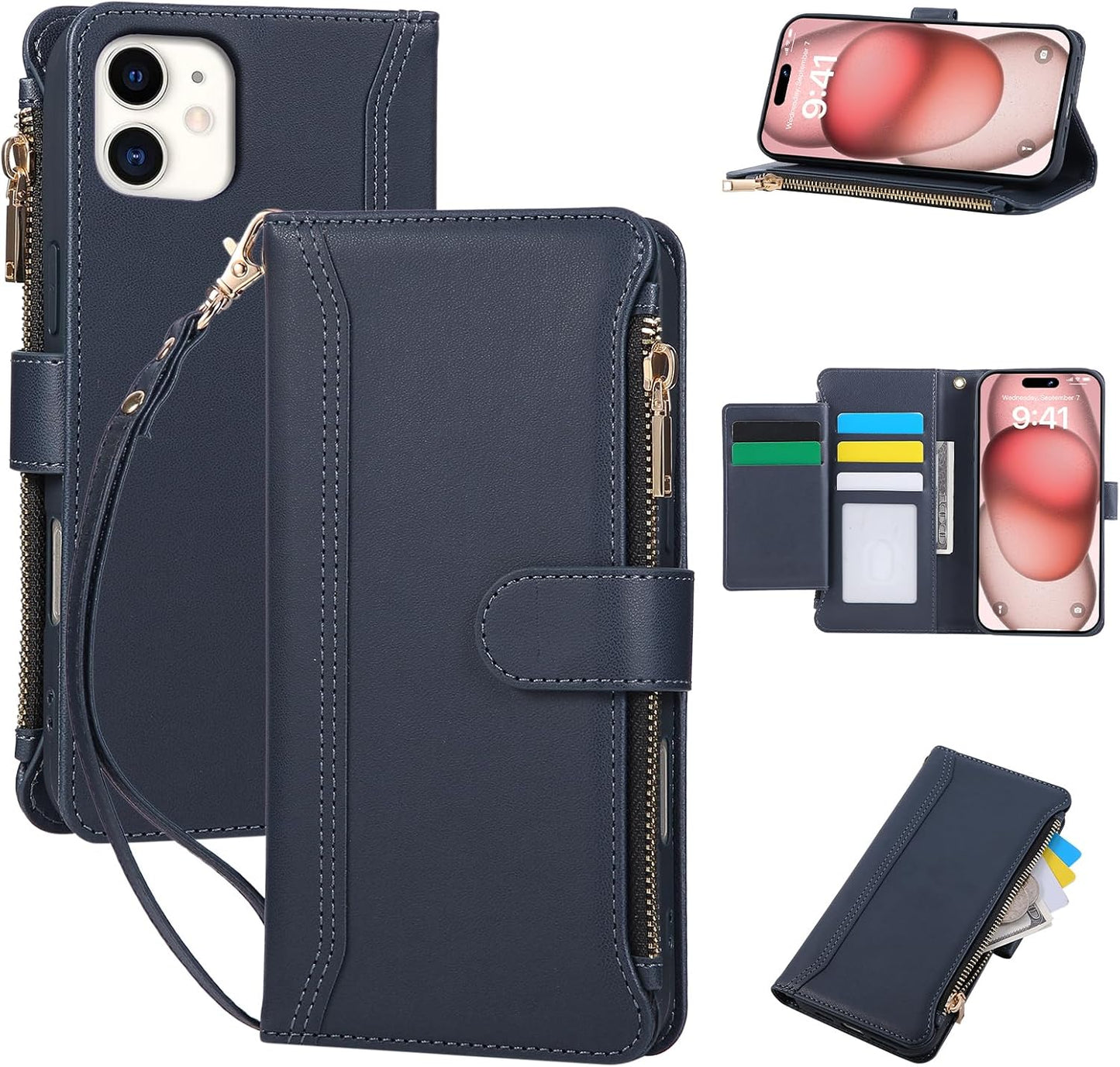 Compatible with iPhone 11 Wallet Phone Case-PU Leather Magnetic Flip Cover with Credit Card Slots,Zipper Pocket & Detachable Wrist Strap,Shockproof Design,for Women and Men-Navy Blue