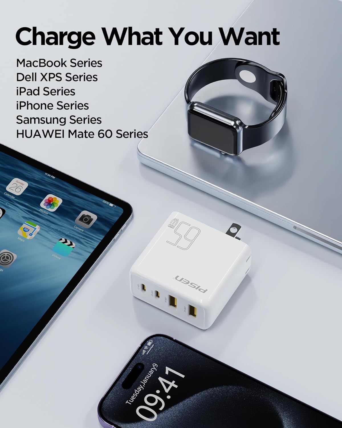 PISEN 65W USB C Fast Charger - 4FT USB-C Cable, 4-Port Compact Foldable GaN Charger, PPS for MacBook Pro/Air, iPad Pro, Galaxy S23, iPhone Series