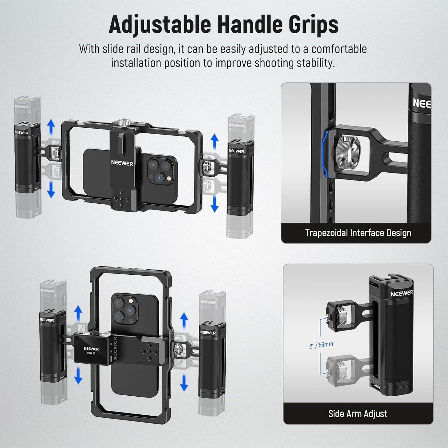 NEEWER Upgraded Phone Rig Vlogging Kit, Video Stabilizer with Dual Handle, Wireless Mic Clip Slot for Tiktok/YouTube, Compatible with SmallRig iPhone 16 15 14 Pro Max Plus 13 Galaxy S23, PA009