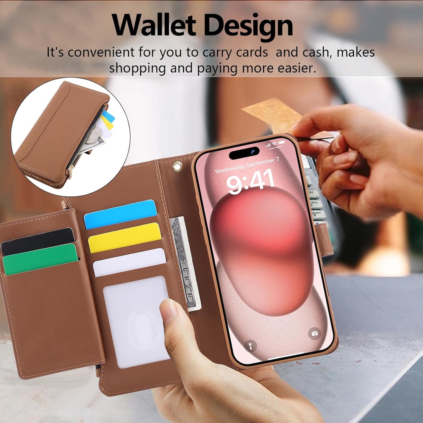 Compatible with iPhone 15 Pro Wallet Phone Case-PU Leather Magnetic Flip Cover with Credit Card Slots,Zipper Pocket & Detachable Wrist Strap,Shockproof Design,for Women and Men-Brown