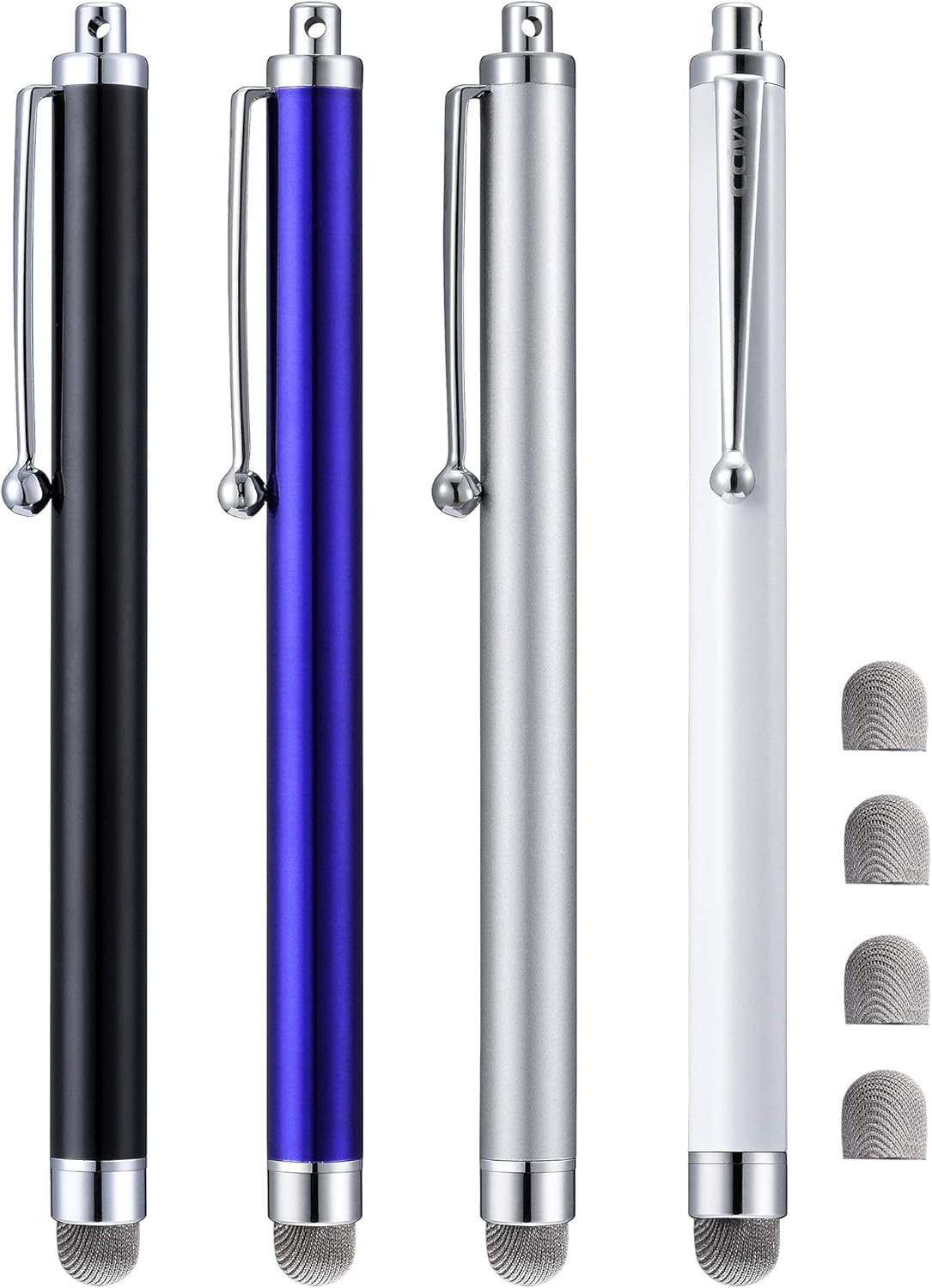 Stylus, 4 Pcs 5.0 Inch Mesh Fiber Tip Stylus Pens for Touch Screen, Compatible with iPad, iPhone, Kindle Fire, 4 Extra Replaceable Hybrid Fiber Tips (White, Black, Silver, Blue)