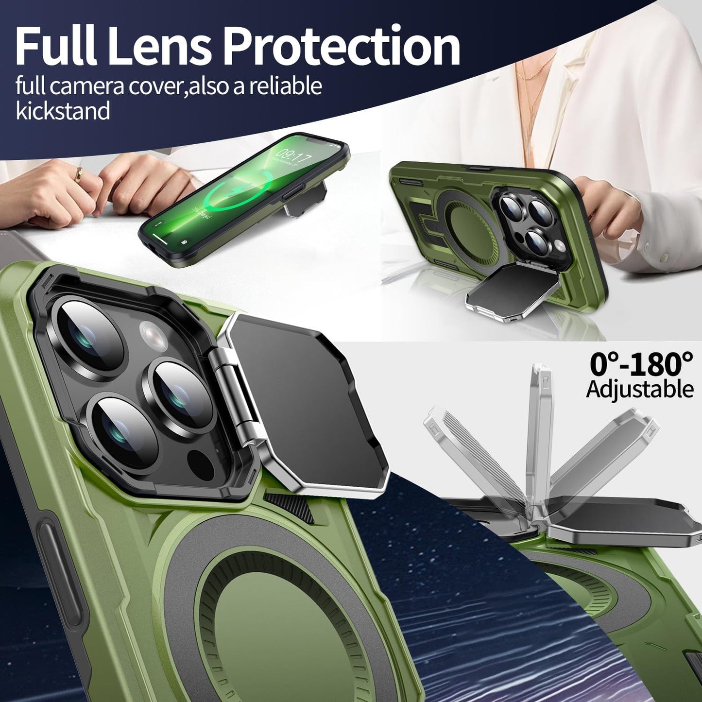 Camera Stand Case for iPhone 13 Pro, [Compatible with Mag Safe] [Lens Cover] 2024 Version Military Grade Protective Soft Case for iPhone 13 Pro 6.1 inch Men Women, Green