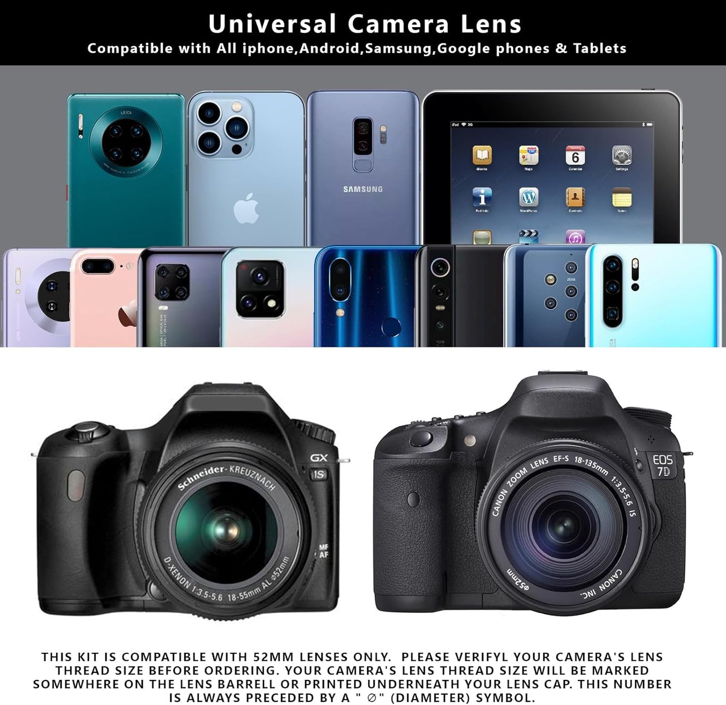 52MM Variable ND2-ND400 Filter, Ultra Slim Multi-Coated Adjustable Neutral Density Filter, Clip-on Phone Lens ND Filter Kit, Compatible for iPhone 15 14 13 12 11, Google Pixel and Other Smart Phones