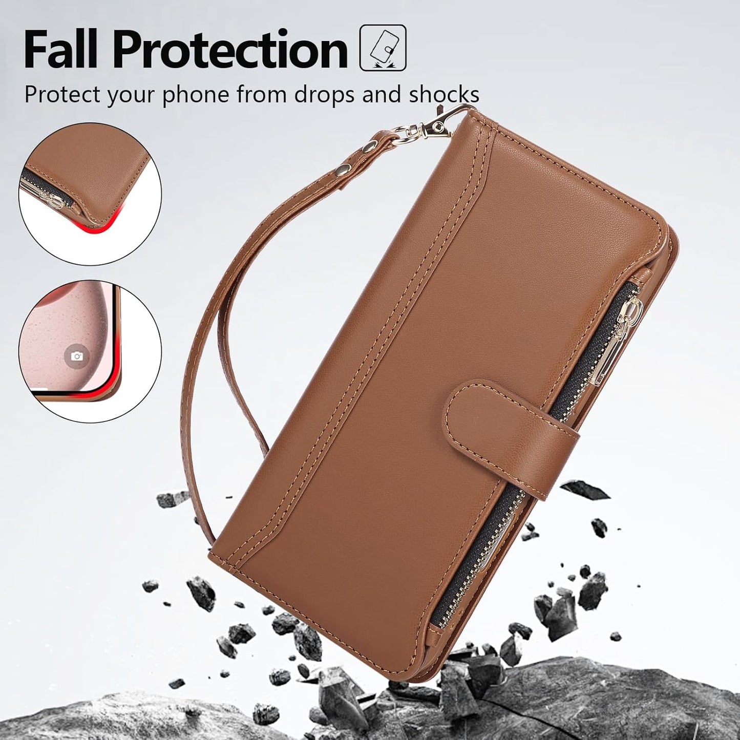 Compatible with iPhone 13 Pro Wallet Phone Case-PU Leather Magnetic Flip Cover with Credit Card Slots,Zipper Pocket & Detachable Wrist Strap,Shockproof Design,for Women and Men-Brown