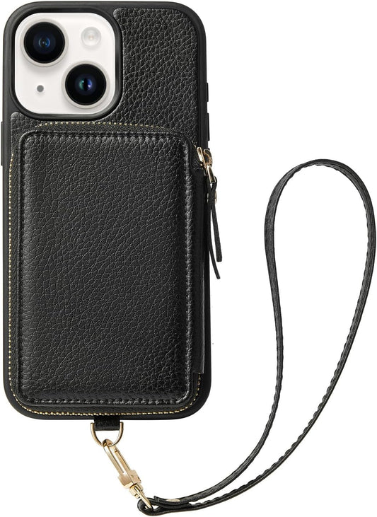 ZVE Wallet Case for iPhone 15, Phone Case Wallet with Card Holder Wrist Strap Compatible iPhone 15, RFID Blocking Zipper Faux Leather Cover for Women Gift for iPhone 15, 6.1"(2023) - Black"