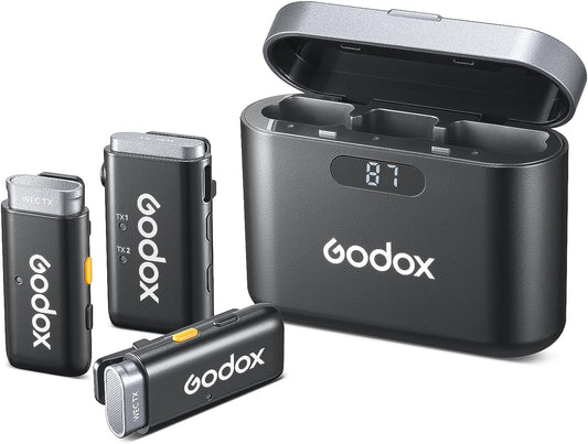 GODOX Wireless Lavalier Microphone for iPhone/Android Phone with Noise Cancellation(2 TX + 1 RX + Charging Case),Mini Mic for DSLR Cameras/PC/Live Streaming,200m/656ft,with Battery Level Display