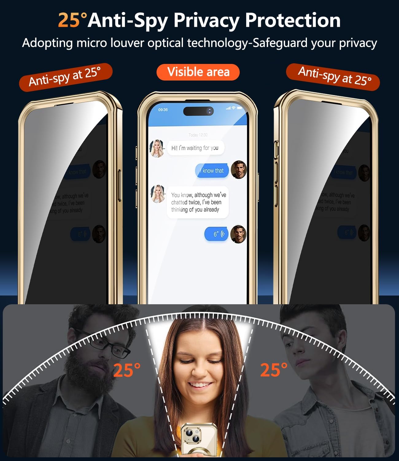 [360° Rotatable CD Stand & Built-in Privacy Screen Magnetic Case for iPhone 15 [Compatible with MagSafe & Full Signal] Mil-Grade Shockproof Full Body Anti-Spy Cover for 15-Gold