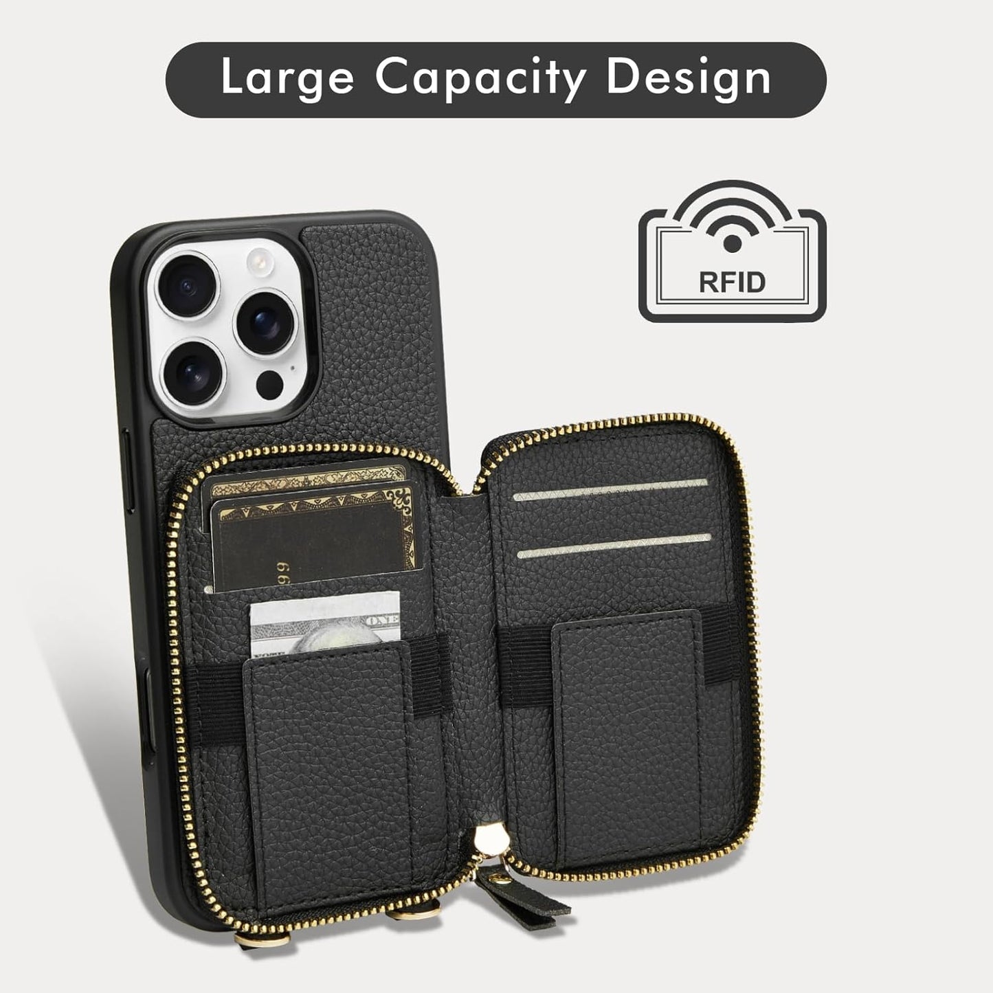 LAMEEKU for iPhone 15 Pro Max Wallet Case with Card Holder, Zipper Leather Crossbody Case with Kickstand Wrist Strap Lanyard for Women, Cover Phone Grip Holder Stand 6.7" -Black"
