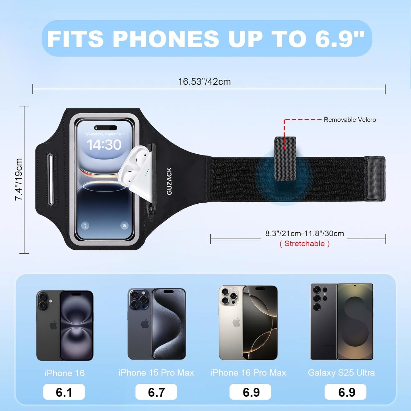 Running Armband with Earphone Pouch & Card Slot, Running Phone Holder for iPhone 16 15 14 Pro Max Plus Galaxy S25 S24 S23 Ultra, Up to 6.8" Phones"