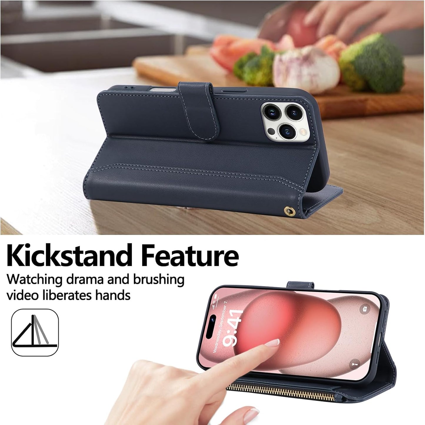 Compatible with iPhone 12 Pro Max Wallet Phone Case-PU Leather Magnetic Flip Cover with Credit Card Slots,Zipper Pocket & Detachable Wrist Strap,Shockproof Design,for Women and Men-Navy Blue