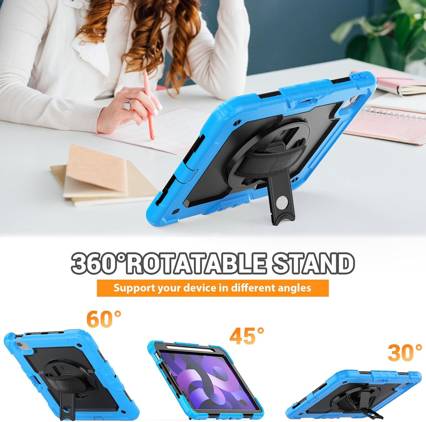 SEYMAC for iPad Air 5th/ 4th Generation Case 10.9", Full-Body Shockproof Protective Case with Screen Protector, Rotating Stand/Handle/Shoulder Strap/Pencil Holder for iPad Air 5/ Air 4, Sky Blue