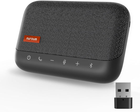 NUROUM A15 Conference Speaker and Microphone, Portable Bluetooth Wireless Speakerphone, 360° Noise Cancelling Voice Pickup, Daisy Chian for Calls/Computer/PC/Laptop via Bluetooth/Dongle/USB-A/C Grey