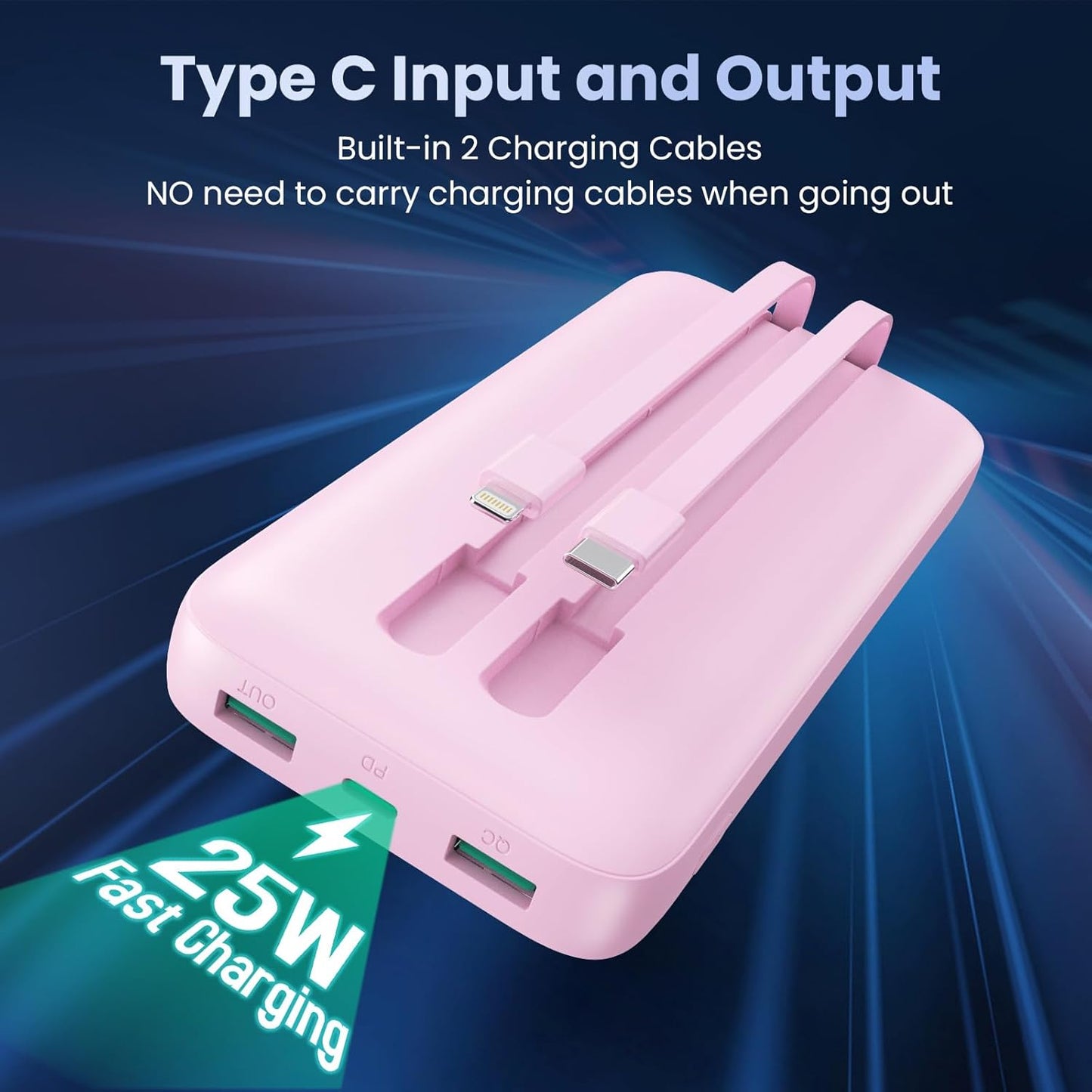 Portable Charger PowerBank 40,800mAh with 2 Built-in Cables,25W PD Fast Charging +QC 4.0 Quick Phone Charging Power Bank, 5 Outputs LCD Display USB C Battery Pack for iPhone 16/15 Android Galaxy etc