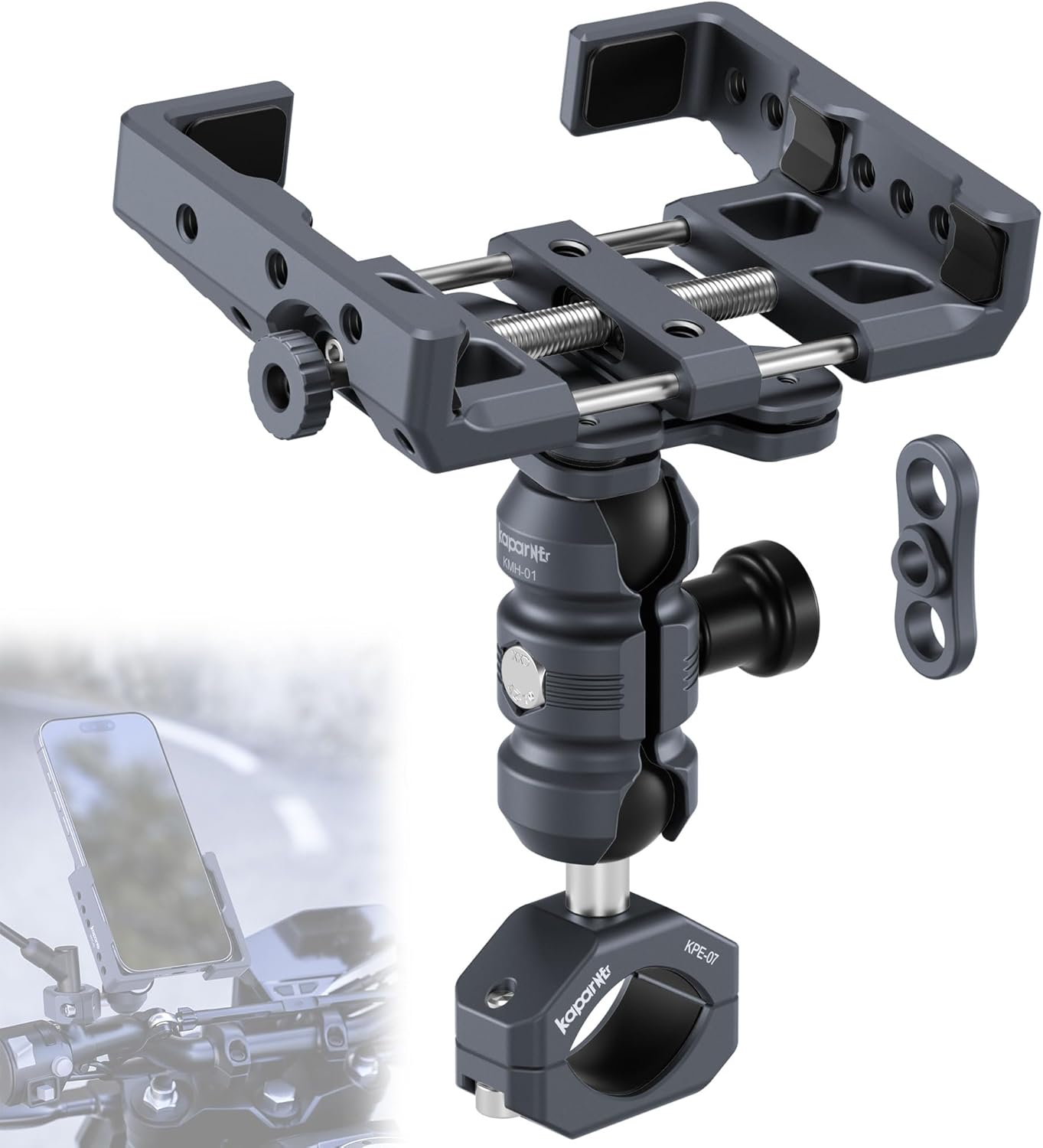 Motorcycle Phone Mount Kit, Anti-Theft Dual Socket Arm, 360° Rotate Phone Clip and Aluminum Handlebar Clamp Mount U-Bolt Base for Bike/ATV/Scooter Handlebar for 5.5-7" Smartphone (KPS-19)"