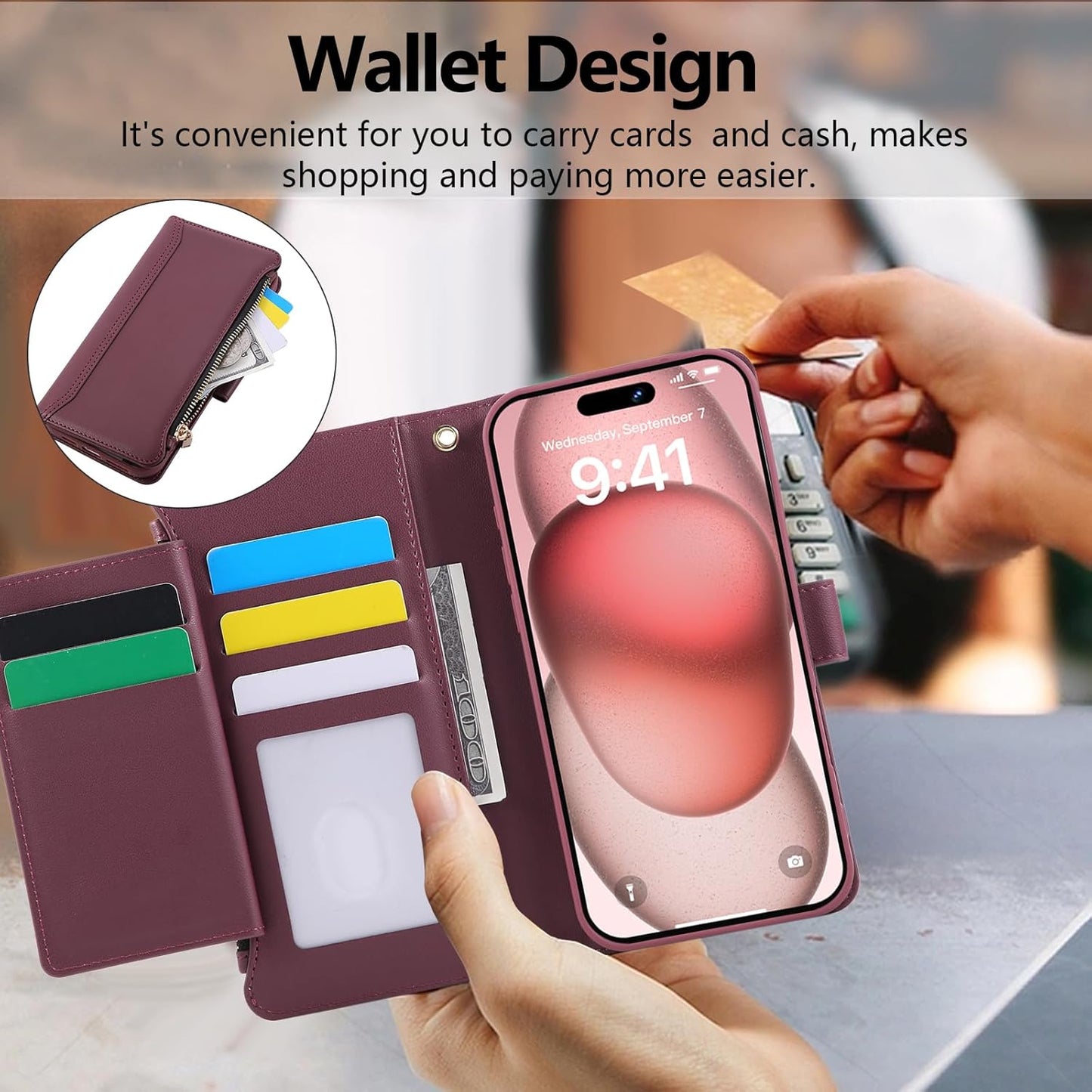Compatible with iPhone 13 Pro Max Wallet Phone Case-PU Leather Magnetic Flip Cover with Credit Card Slots,Zipper Pocket & Detachable Wrist Strap,Shockproof Design,for Women and Men-Claret
