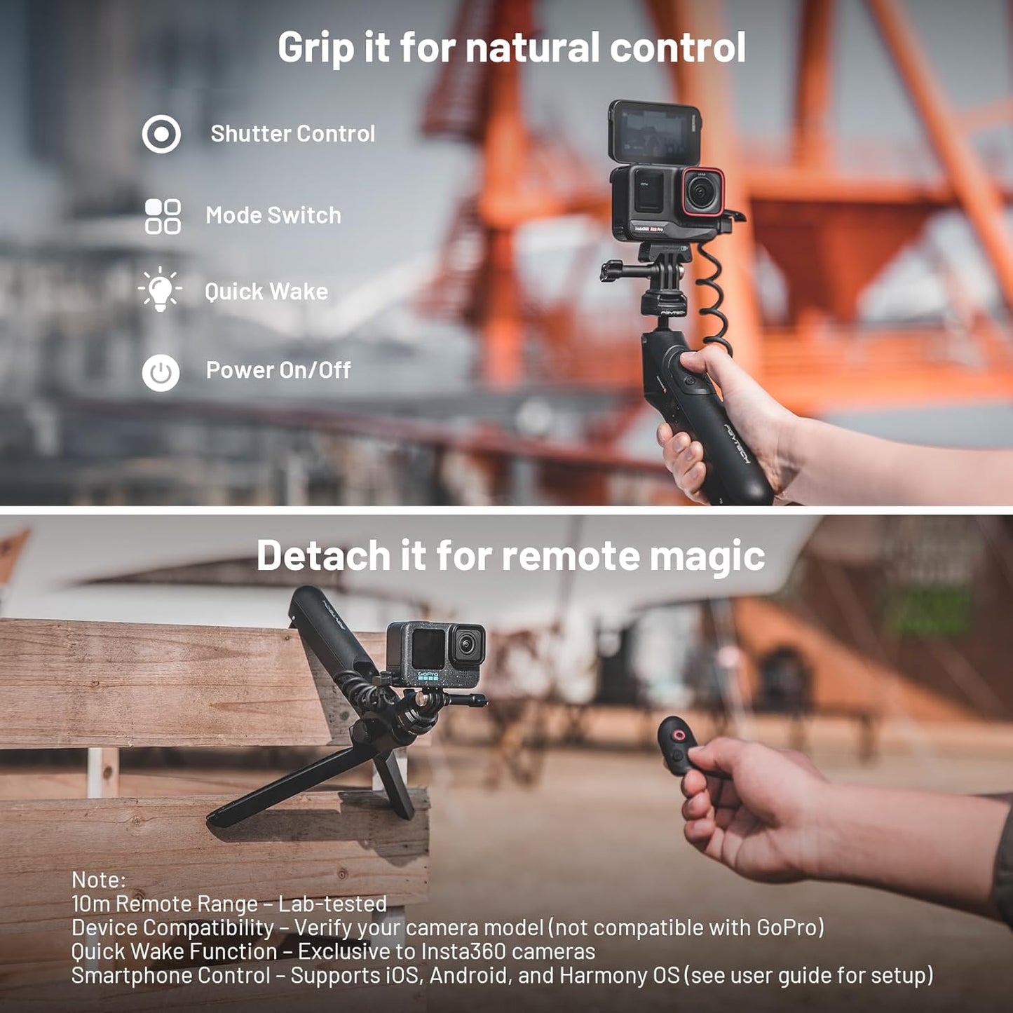 PGYTECH CapLock MantisPod Power, 5000mAh Battery Grip Handle Mount for Insta360 X3, Charging Selfie Stick with Remote Control, Vlog Attachment Tripod Monopod Bank for Action Camera, Phone