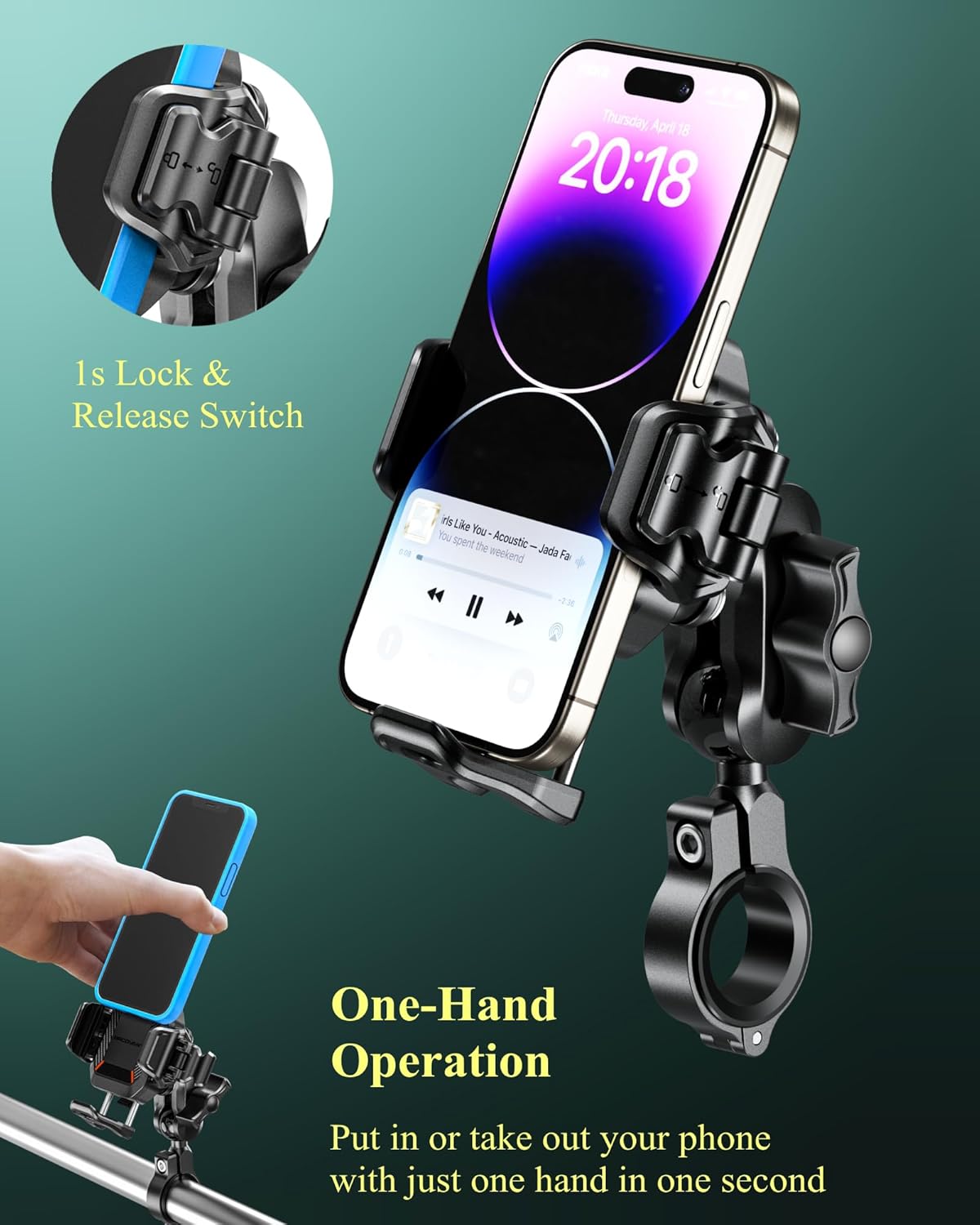 BRCOVAN Anti-Theft Motorcycle Phone Mount with Vibration Dampener, [1s Lock] [Camera Friendly] Handlebar Cellphone Holder for Bike Bicycle Scooter ATV, Adjustable Size Fit 5.4-7.2" Smartphone"