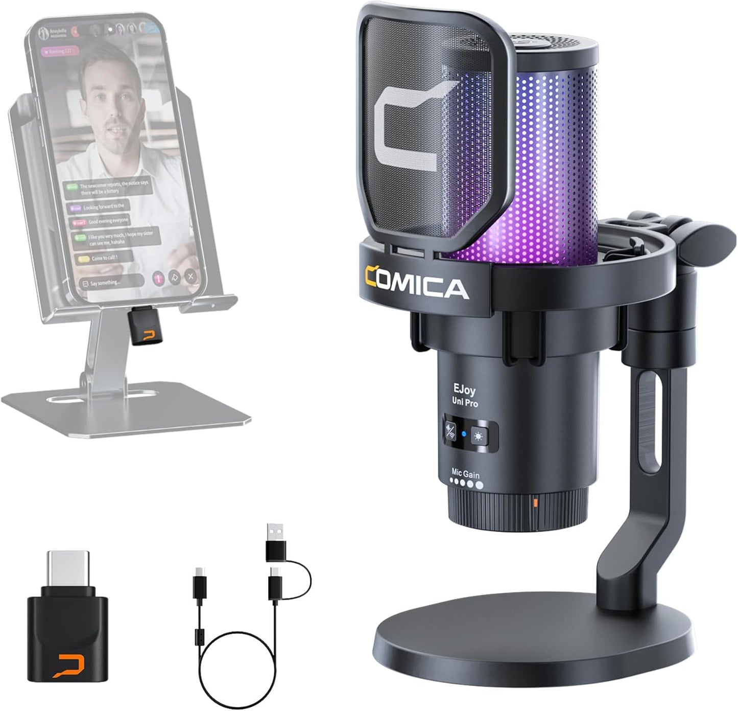 COMICA EJoy Uni Pro Wireless Gaming USB Microphone, Noise Cancellation RGB Condenser Mic with Mute, Gain, Monitoring, Pop Filter&Shock Mount for Recording, Streaming, Podcast, PS5, PS4, PC, YouTube