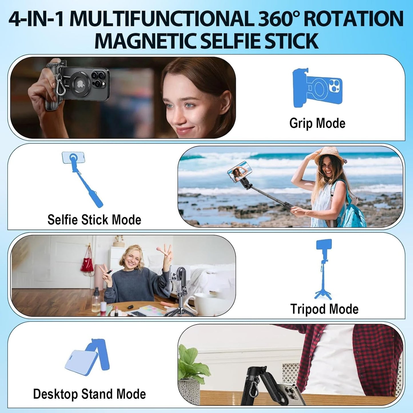 4-in-1 Multifunctional Magnetic Selfie Stick,Portable Pocket Size Selfie Stick for iPhone Magsafe,360° Rotation Phone Tripod with Wireless Remote for iPhone & Android