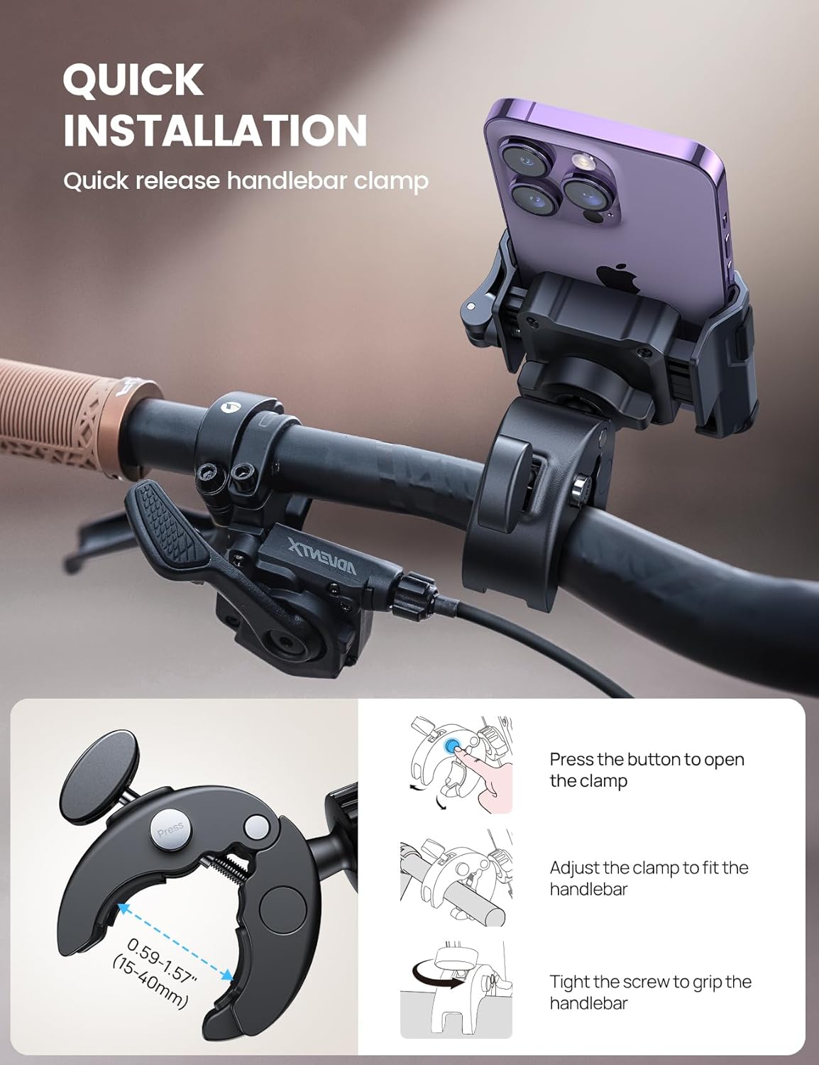 Lamicall Motorcycle Phone Mount Holder - [Camera Friendly] [1s Lock] Bike Phone Holder Handlebar Clamp, Bicycle Scooter Phone Clip, for iPhone 16 Pro Max, 15 14 13, Galaxy S25 Ultra, 4.7-7" Phones"
