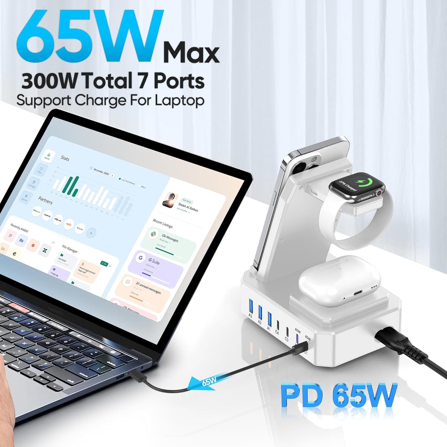 300W Charging Station for Multiple Devices Apple, Zutspzss 10 in 1 Wireless Charger for iPhone 16, GaN III USB C 65W PD Fast Charging Stand Dock for MacBook, Apple Watch&Airpods,White