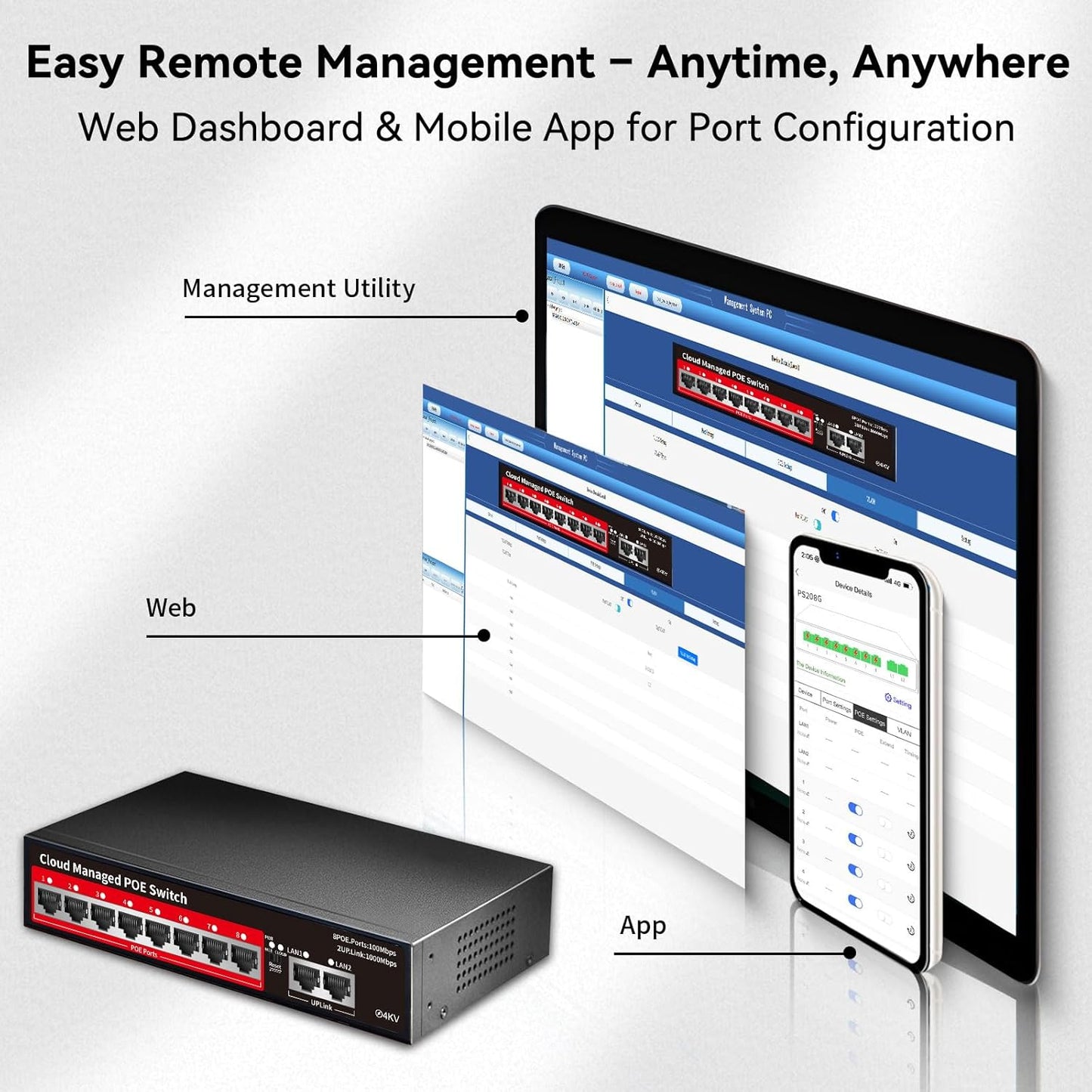 STEAMEMO PoE+ Switch, 8 Port Managed PoE Ethernet Switch(8 POE Ports +2 Uplink),120W Built-in Power, Support VLAN, QoS, Fanless Metal, Plug & Play (Desktop/Wall Mount)