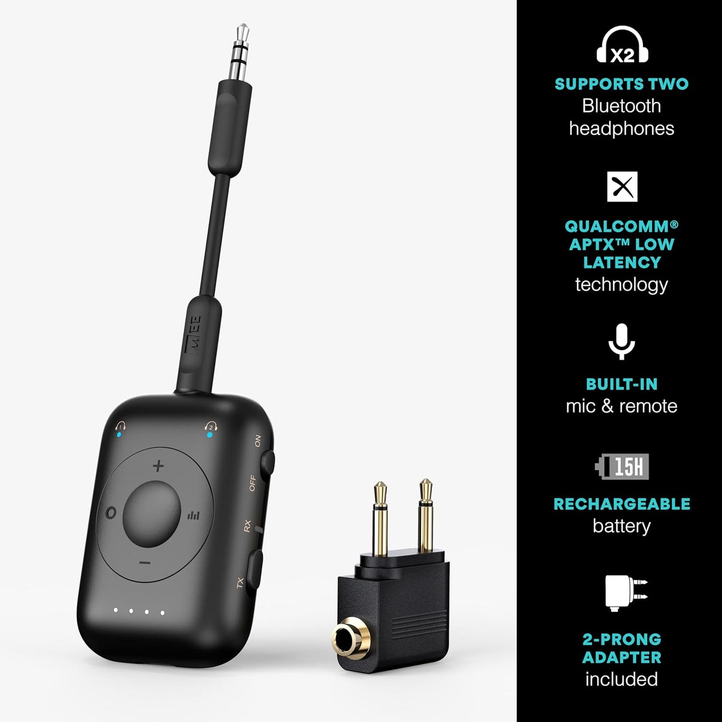 MEE audio Connect Air Pro Bluetooth Wireless Audio Transmitter & Receiver for AirPods or Bluetooth Headphones, 2-in-1 Adapter with Detachable Cable 3.5mm Aux Audio Jack for Airplanes, Auto, Gym, Black