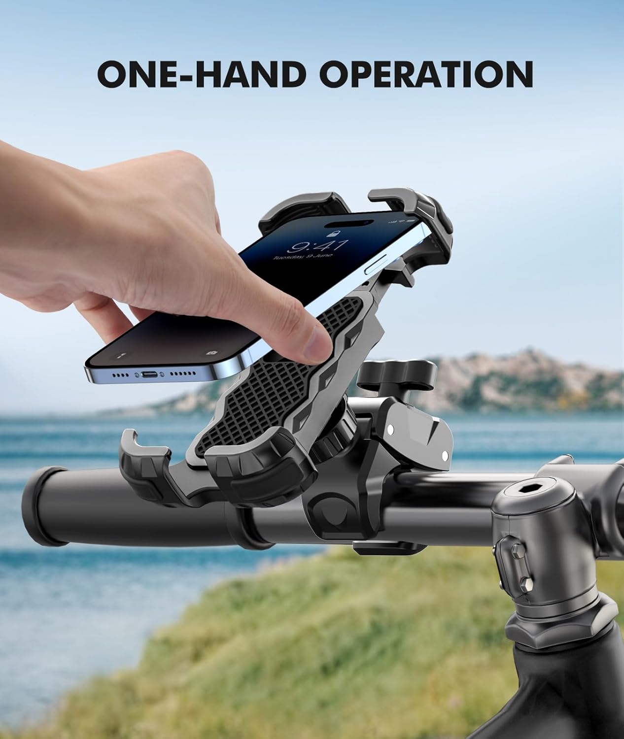 Motorcycle Phone Mount, Upgrade Bike Phone Mount [1s Lock][Secure Protection], 360° Rotatable Phone Holder for Mountain Bike/ATV/Scooter Handlebar Stand, Compatible with iPhone/Samsung 4.7-6.7""