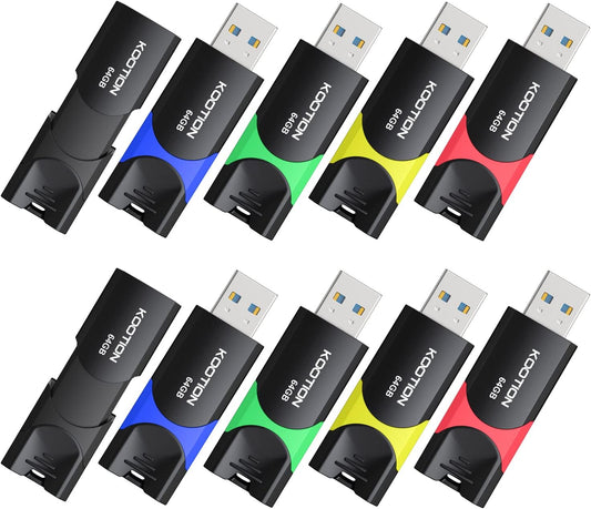 64GB USB 3.0 Flash Drive 10 Pack KOOTION USB 3.0 Thumb Drive Retractable 64G Zip Drive Ultra High Speed USB Stick Jump Drive Rugged Memory Stick with LED Indicator for Data Storage and Transfer
