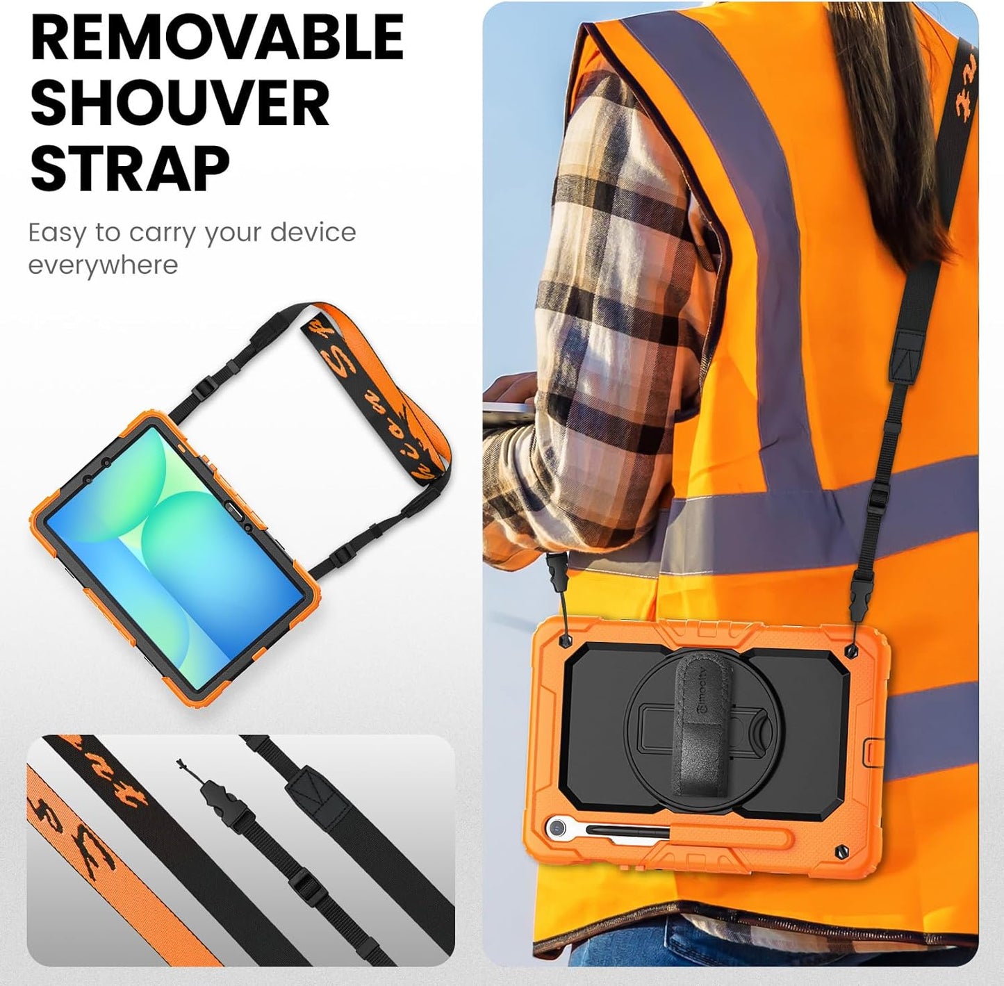 Timecity Case for Samsung Galaxy Tab S10 FE/ S9 FE 5G 10.9 Inch/ S9 11 Inch - Heavy Duty Protective Cover with Screen Protector, Rotating Stand, Shoulder Strap & S Pen Holder | Kids-Friendly, Orange