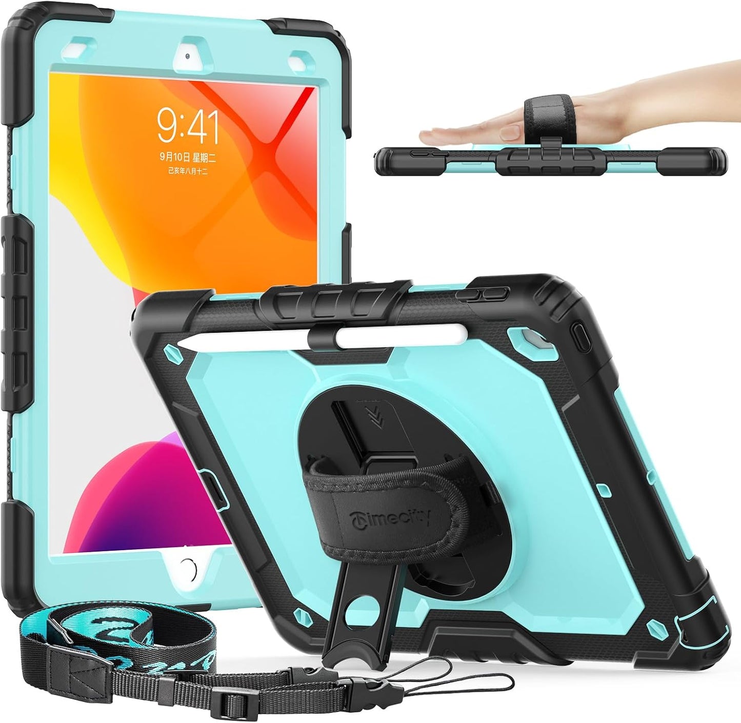 Timecity Case for iPad 9th/ 8th/ 7th Generation 10.2 inch - Heavy Duty Protective Cover with Screen Protector, Rotating Stand, Shoulder Strap & Pencil Holder | Kids-Friendly (Blue)